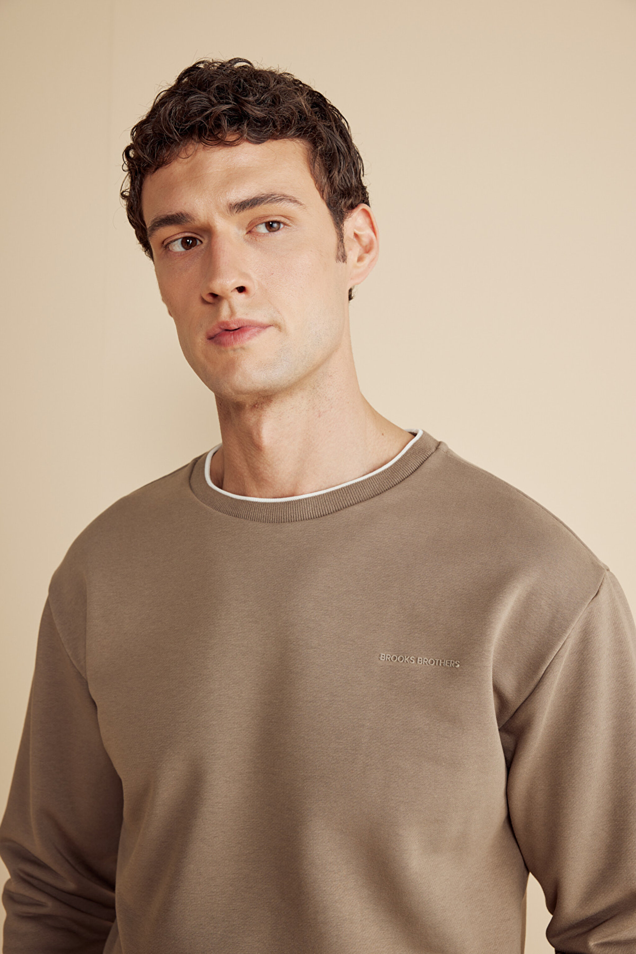 Pamuk Karışımlı Bisiklet  Yaka ve Kol Ucu Çizgi Detaylı Sweatshirt - Koyu Bej (görsel 4)