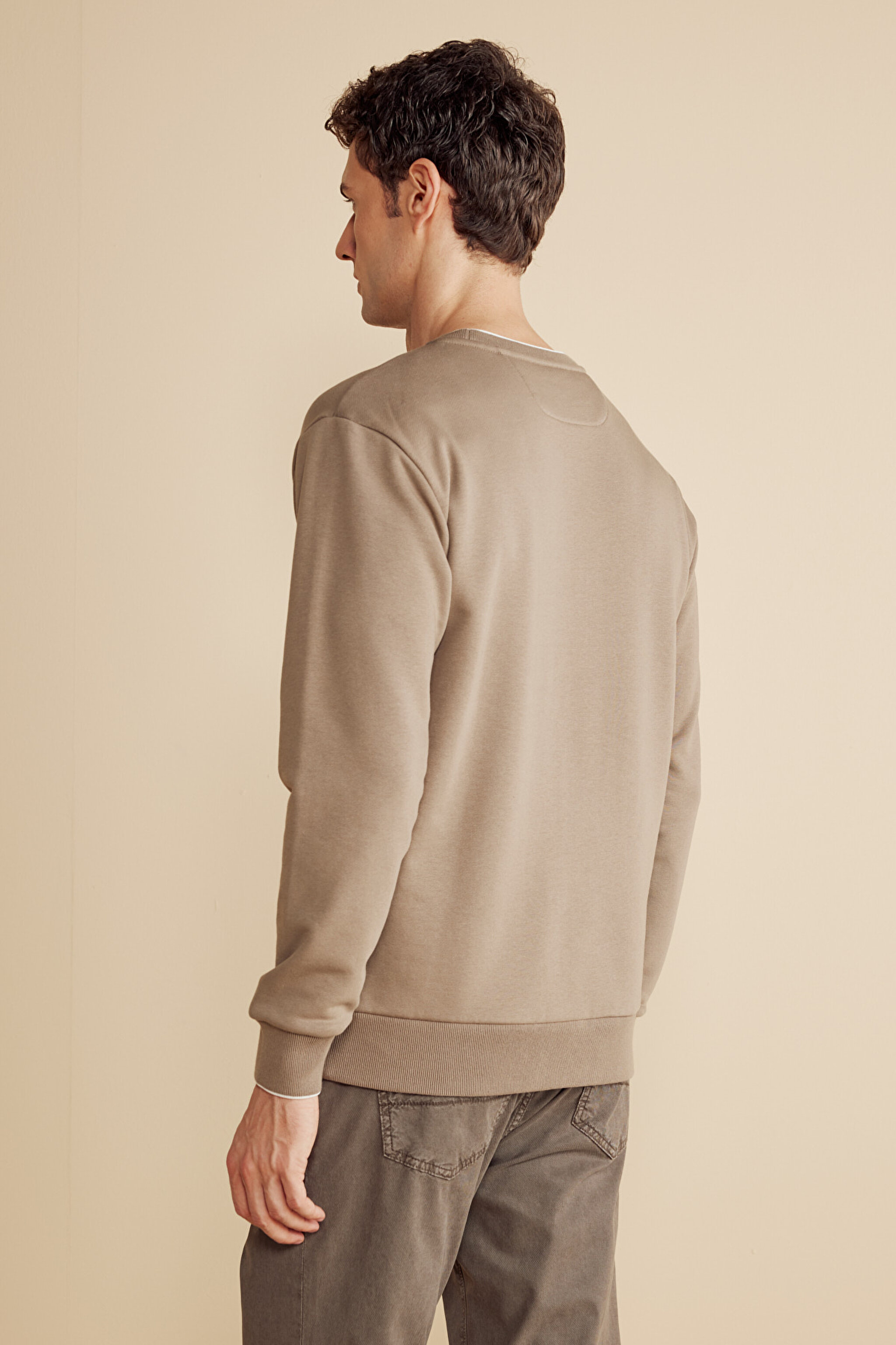 Pamuk Karışımlı Bisiklet  Yaka ve Kol Ucu Çizgi Detaylı Sweatshirt - Koyu Bej (görsel 5)