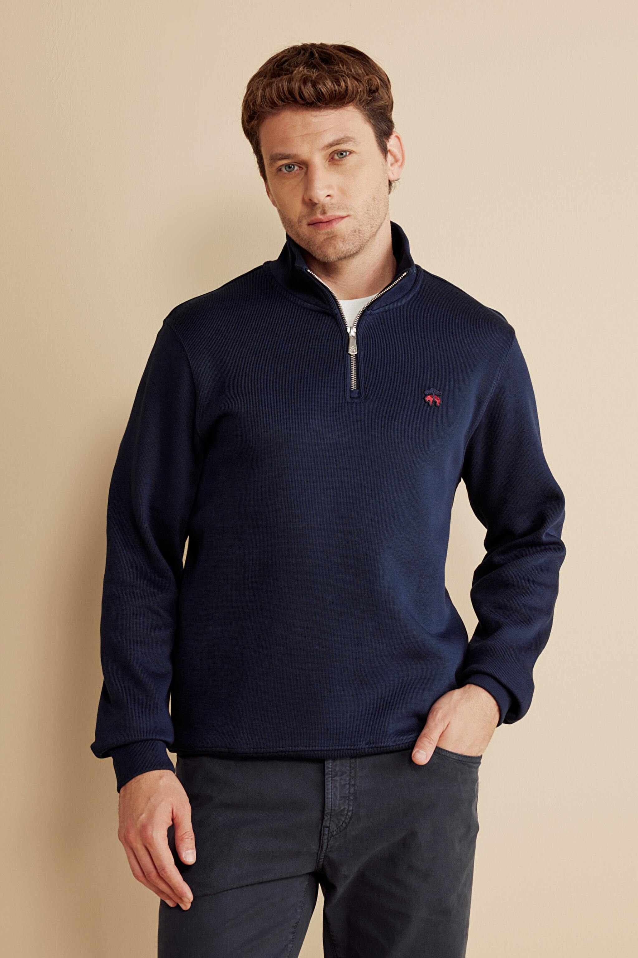 %100 Pamuk Bato Yaka Kuzu Peçli Sweatshirt - Lacivert