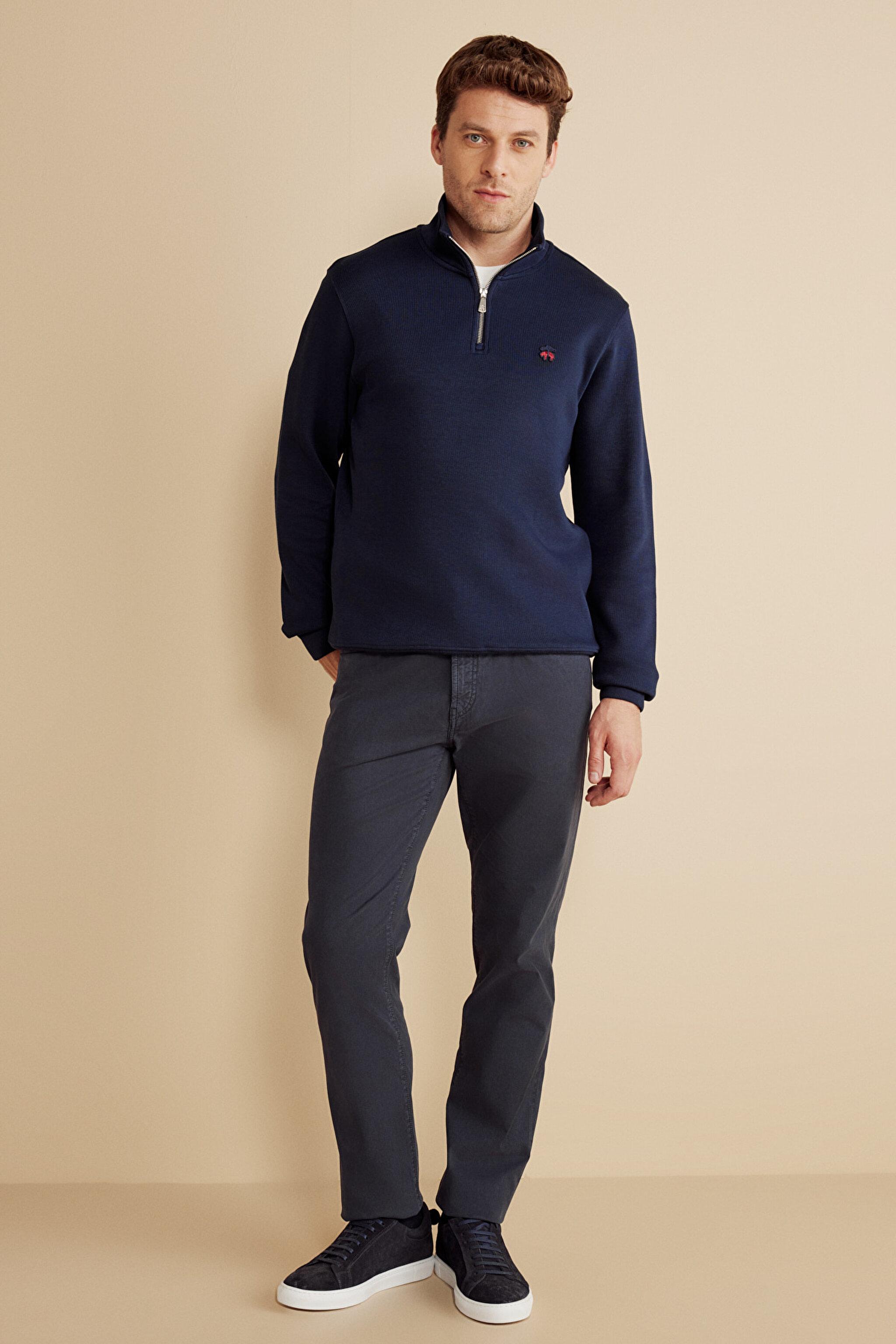 %100 Pamuk Bato Yaka Kuzu Peçli Sweatshirt - Lacivert (görsel 3)