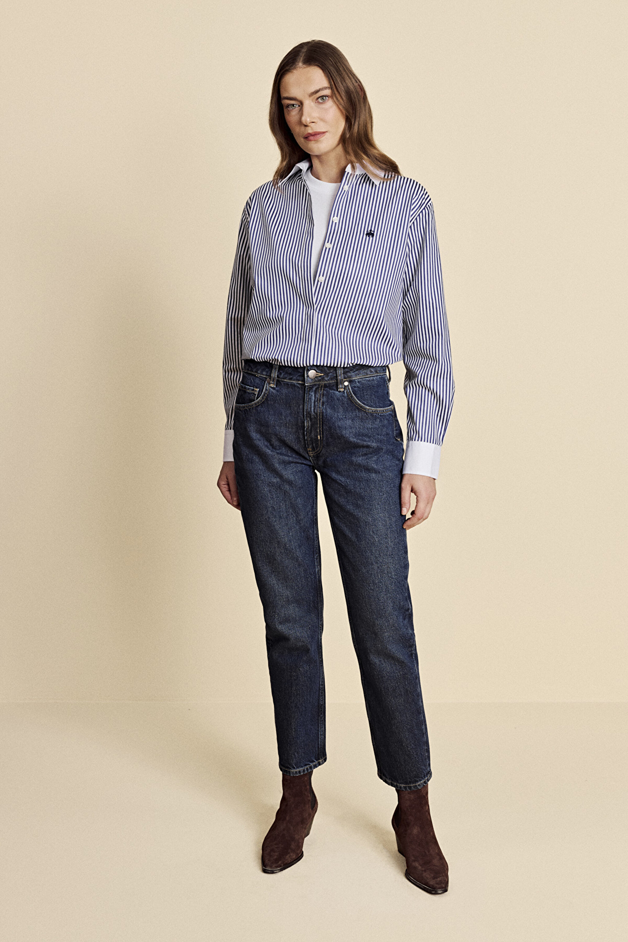 Slim Fit Düz Paça Denim Pantolon - Koyu Mavi