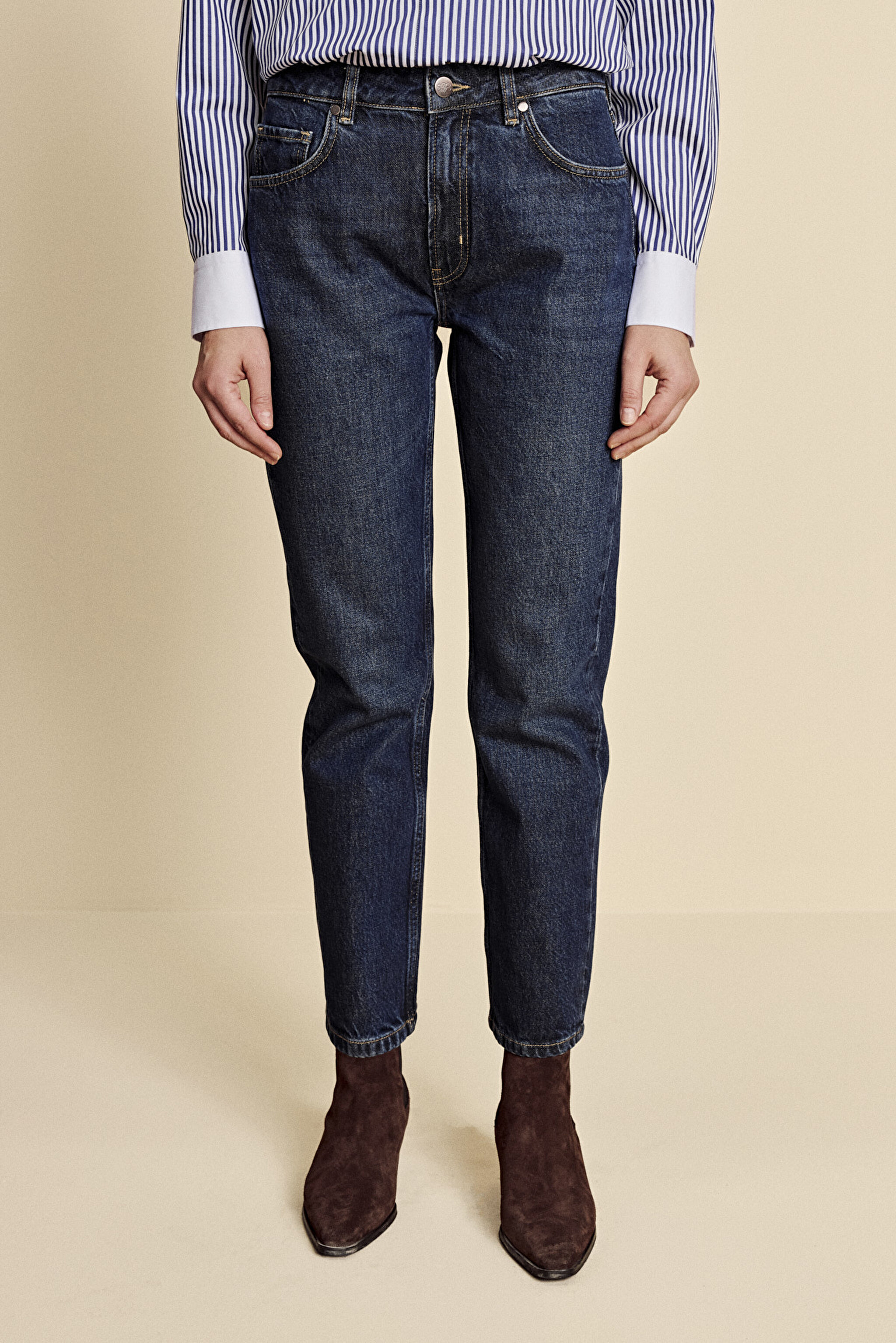 Slim Fit Düz Paça Denim Pantolon - Koyu Mavi (görsel 3)