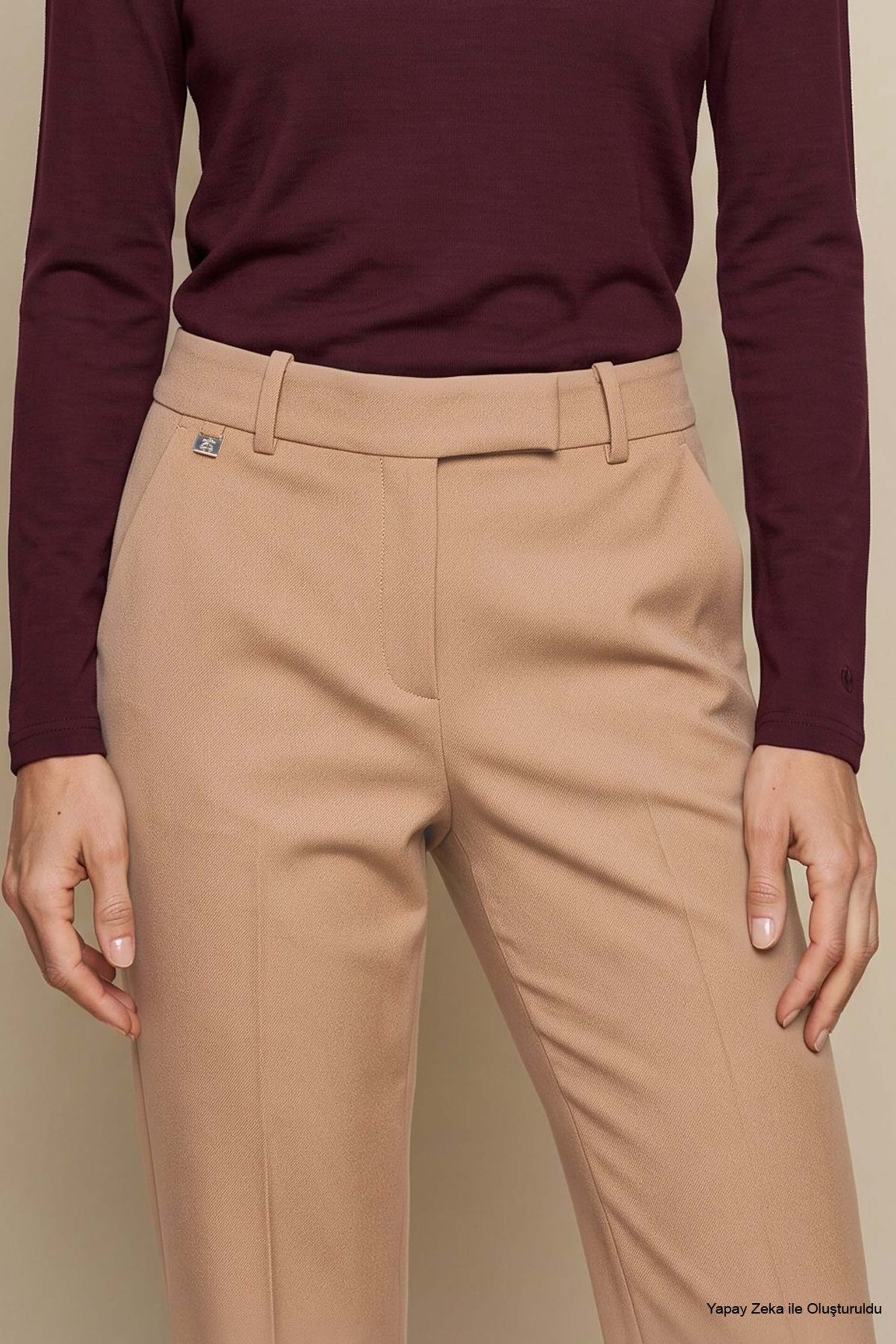Regular Fit Pilesiz Basic Pantolon - Camel (görsel 4)