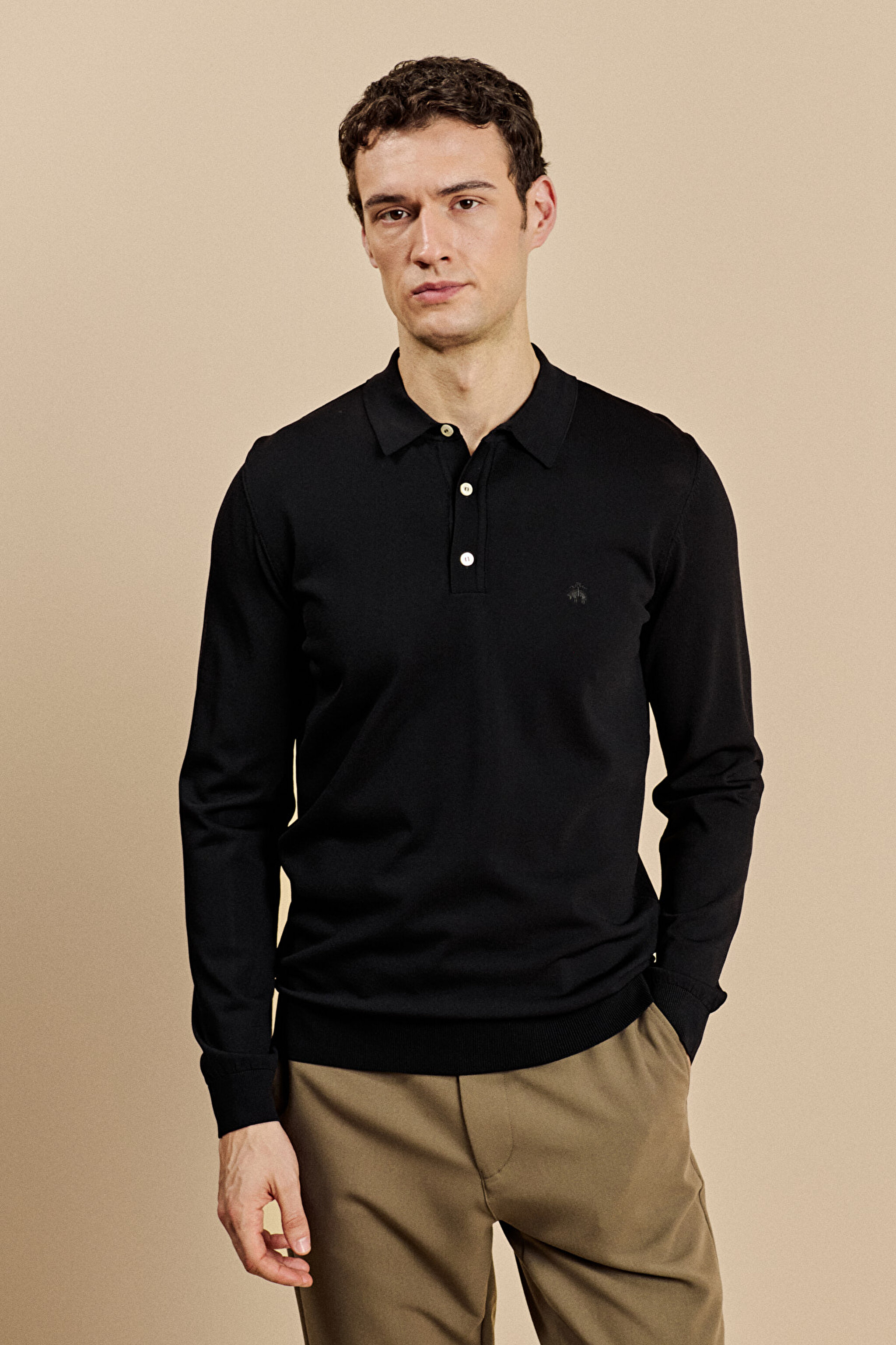 Polo Yaka Uzun Kollu Rayon Kazak - Siyah (görsel 2)