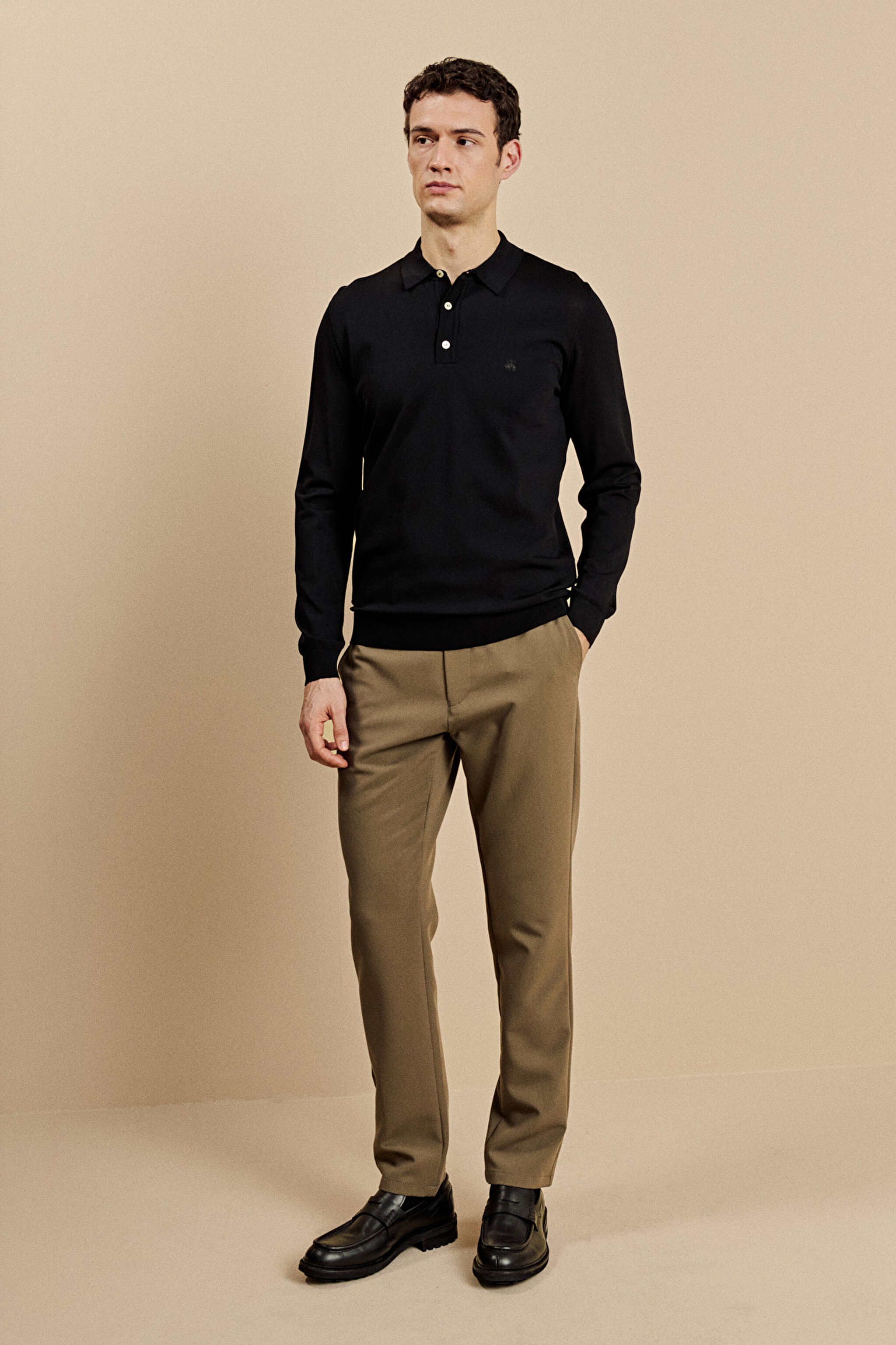 Polo Yaka Uzun Kollu Rayon Kazak - Siyah (görsel 3)