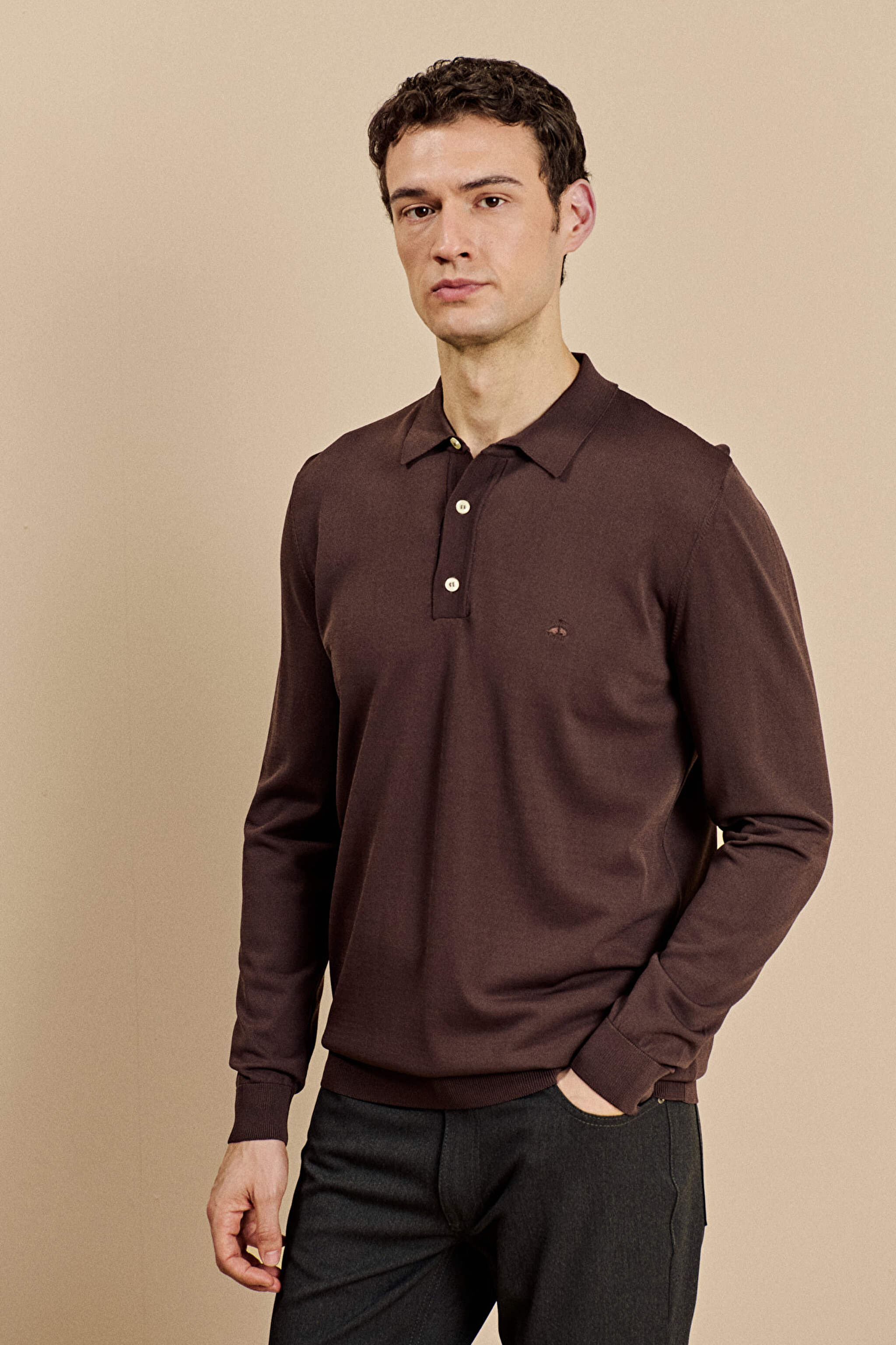 Polo Yaka Uzun Kollu Rayon Kazak - Acı Kahverengi