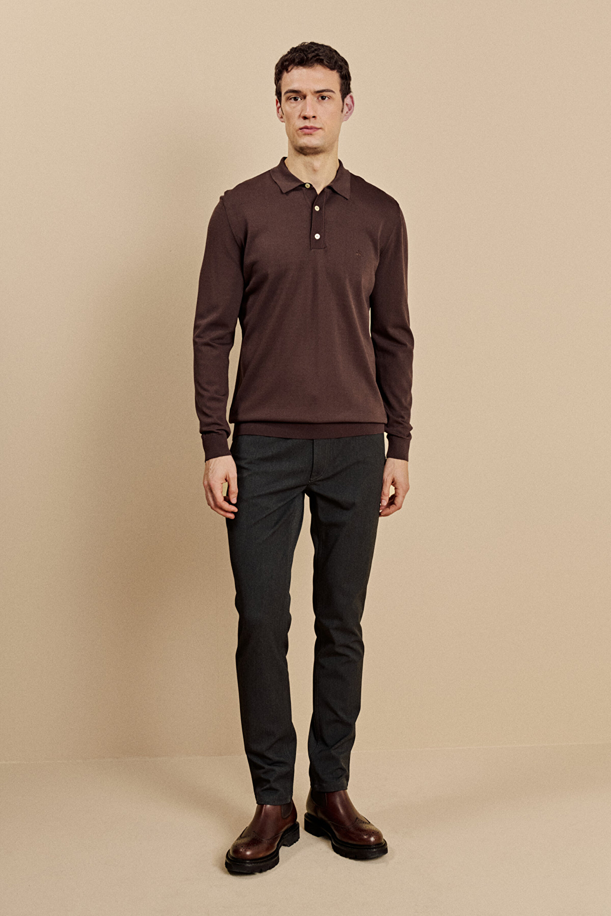 Polo Yaka Uzun Kollu Rayon Kazak - Acı Kahverengi (görsel 3)