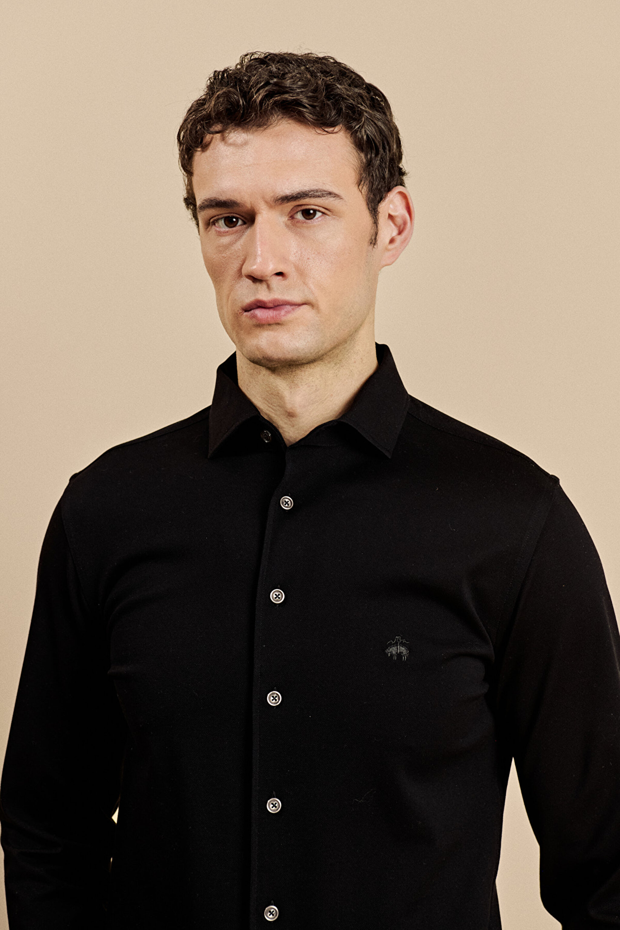 %100 Pamuk Lanvin Yaka Slim Fit Örme Gömlek - Siyah (görsel 4)