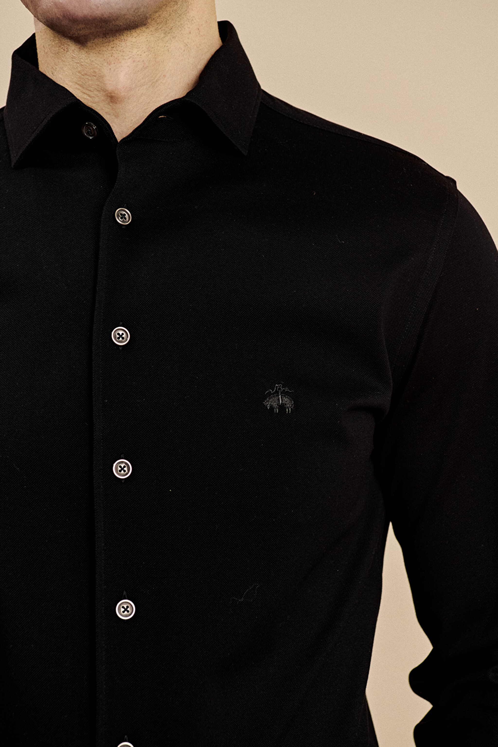 %100 Pamuk Lanvin Yaka Slim Fit Örme Gömlek - Siyah (görsel 6)