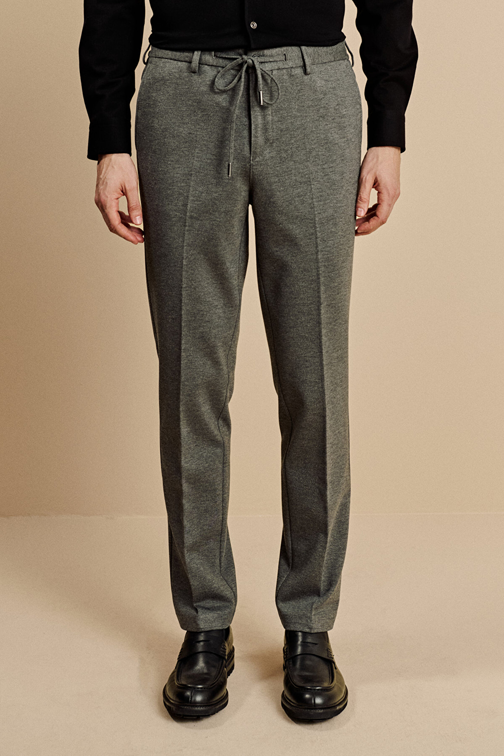 Beli Lastikli İçten Bağcıklı Örme Jogger Pantolon - Gri (görsel 3)
