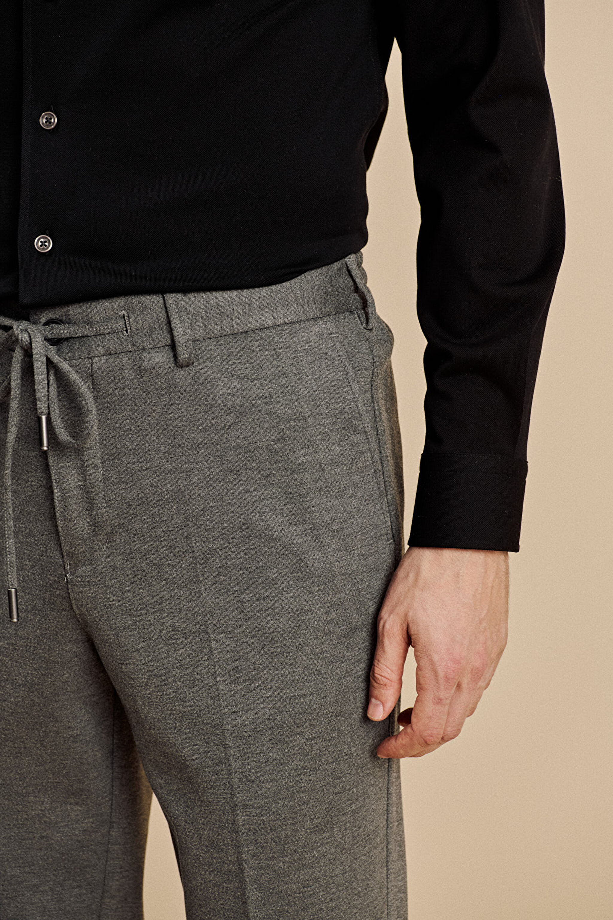 Beli Lastikli İçten Bağcıklı Örme Jogger Pantolon - Gri (görsel 4)