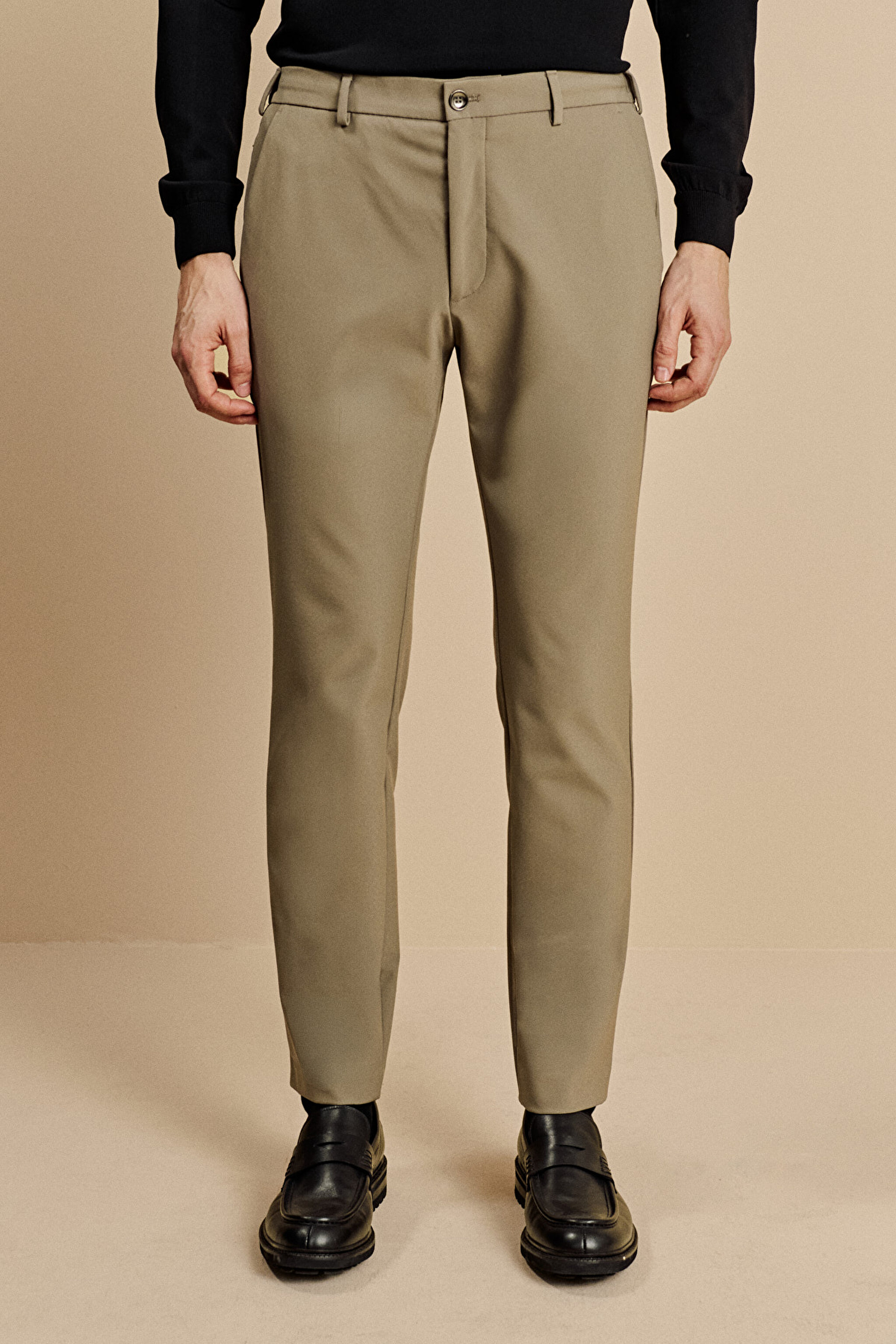 Slim Fit Düz Paça Bağcıklı Performans Pantolon - Vizon (görsel 3)