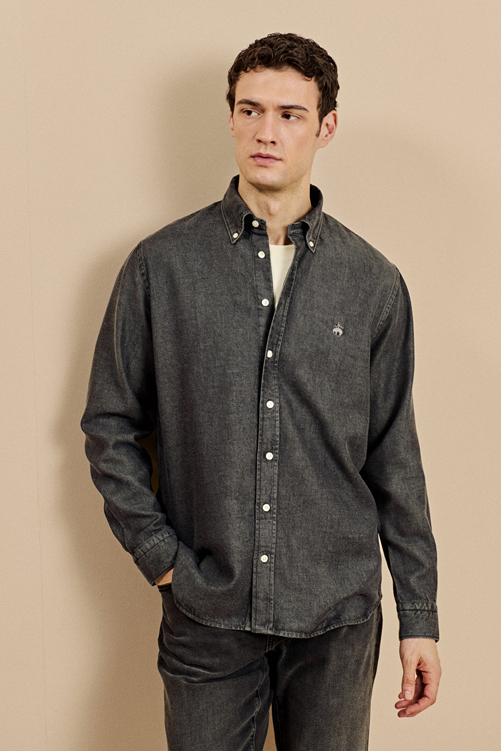 Düğmeli Yaka Regular Fit Denim Gömlek - Antrasit (görsel 2)