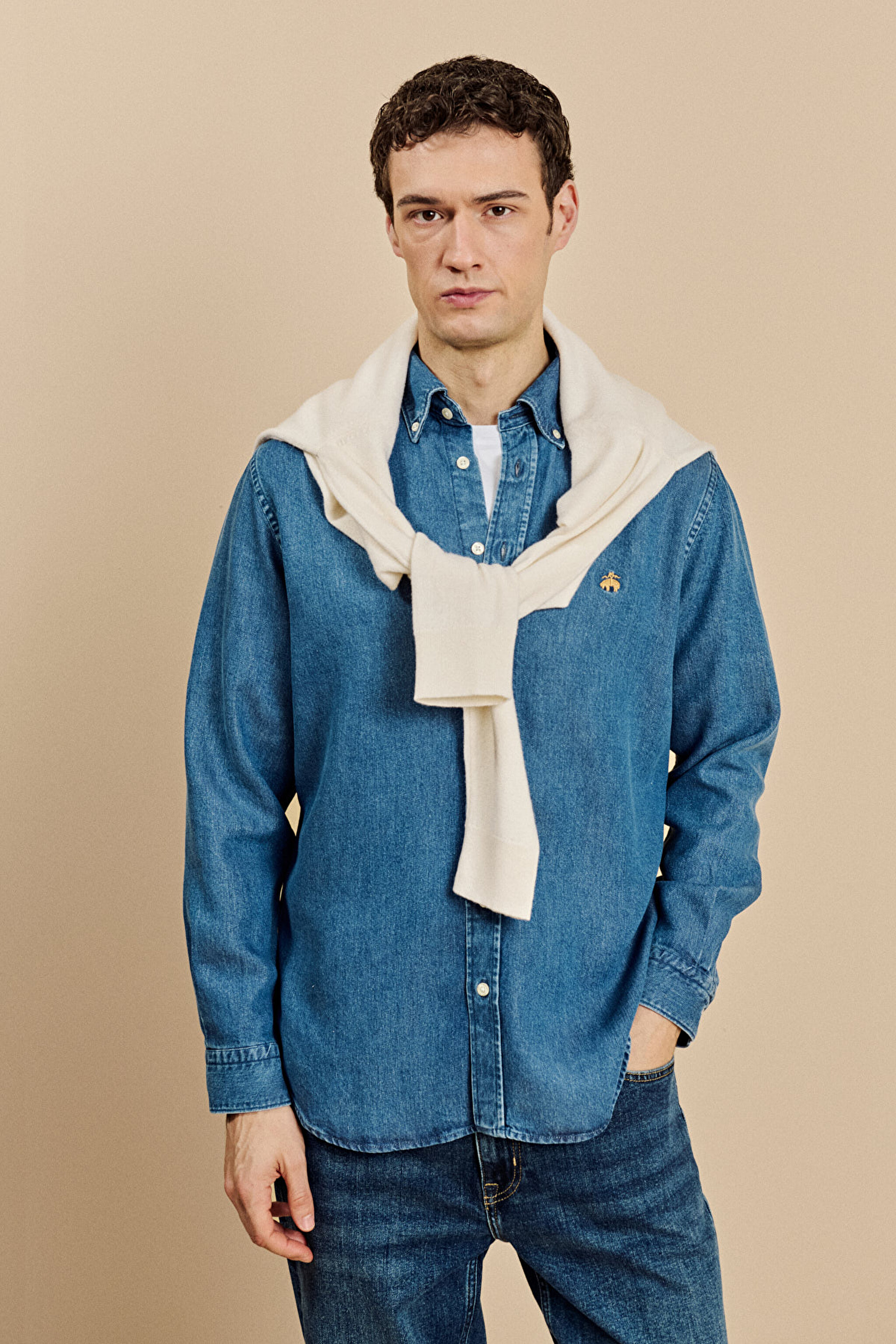 Düğmeli Yaka Regular Fit Denim Gömlek - Indigo (görsel 2)