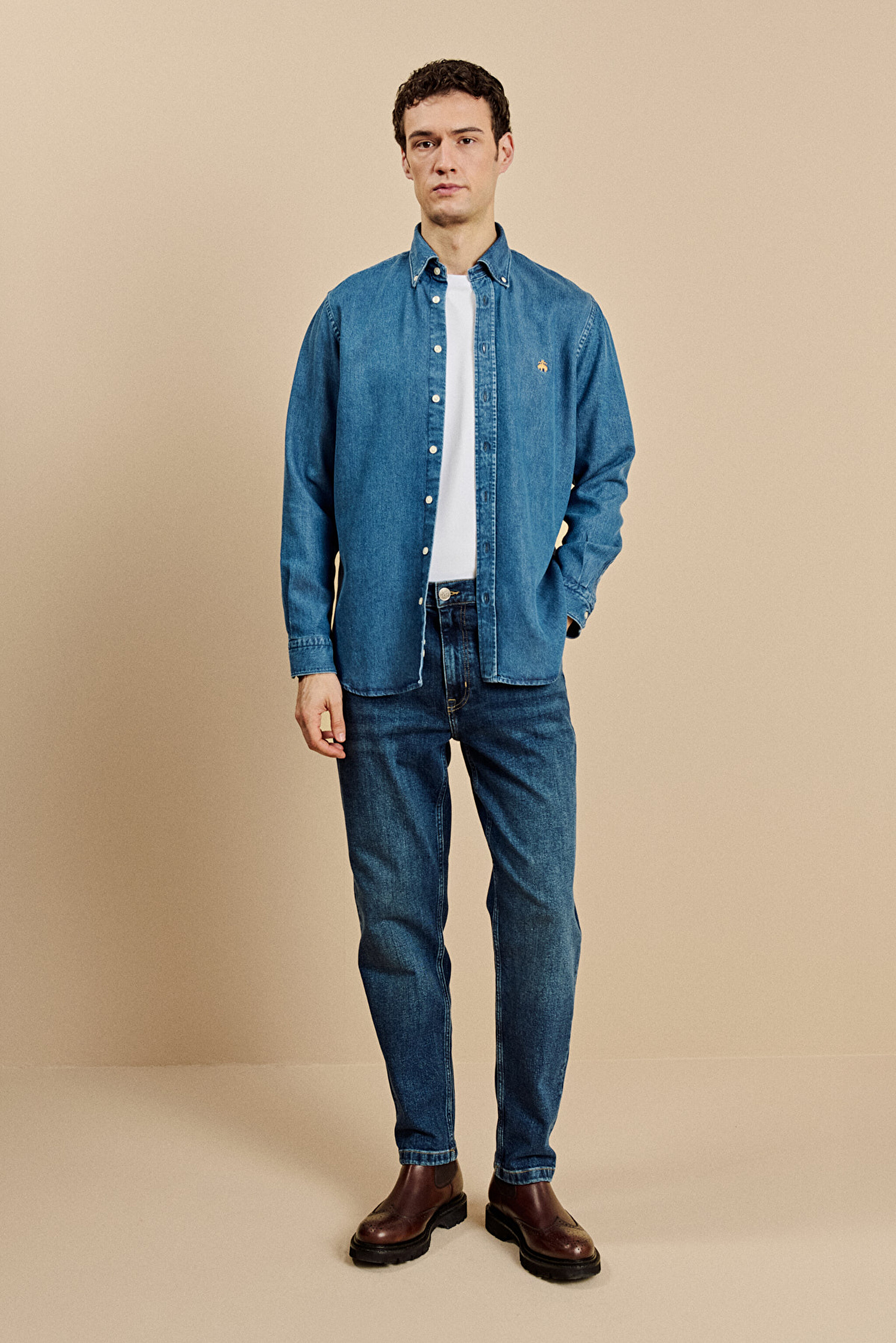 Düğmeli Yaka Regular Fit Denim Gömlek - Indigo (görsel 3)