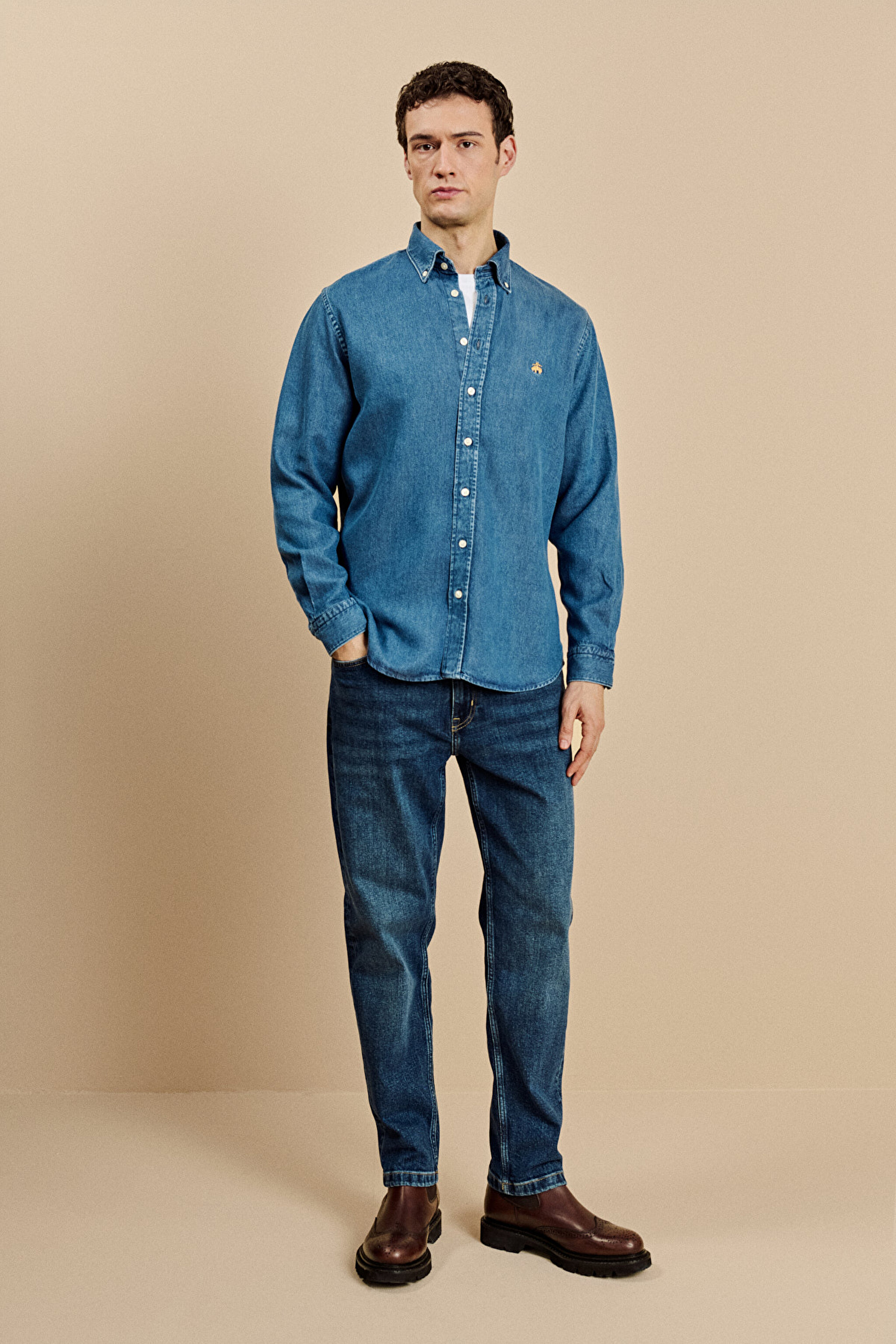Düğmeli Yaka Regular Fit Denim Gömlek - Indigo (görsel 4)