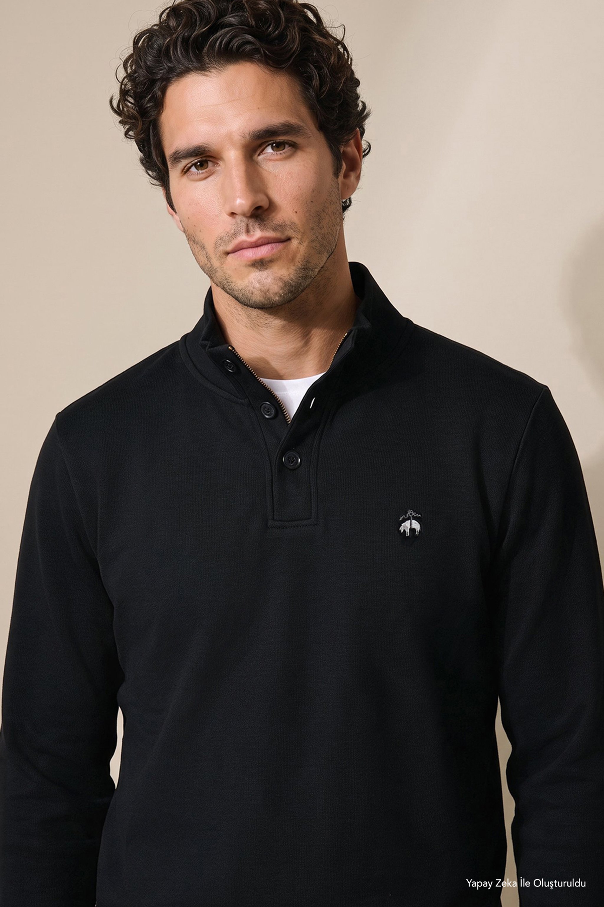 %100 Pamuk Bato Yaka Düğme Detaylı Sweatshirt - Siyah
