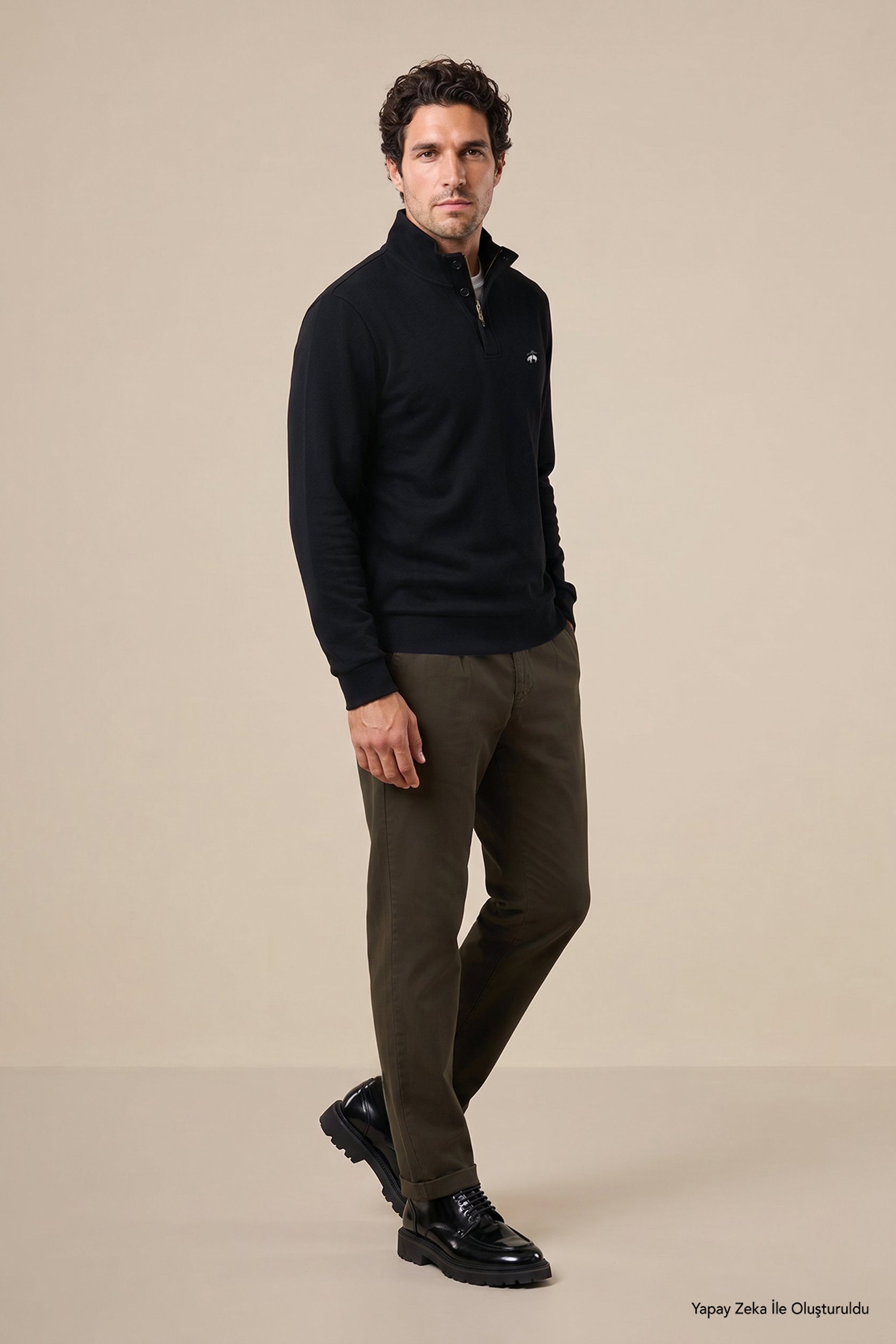 %100 Pamuk Bato Yaka Düğme Detaylı Sweatshirt - Siyah (görsel 2)