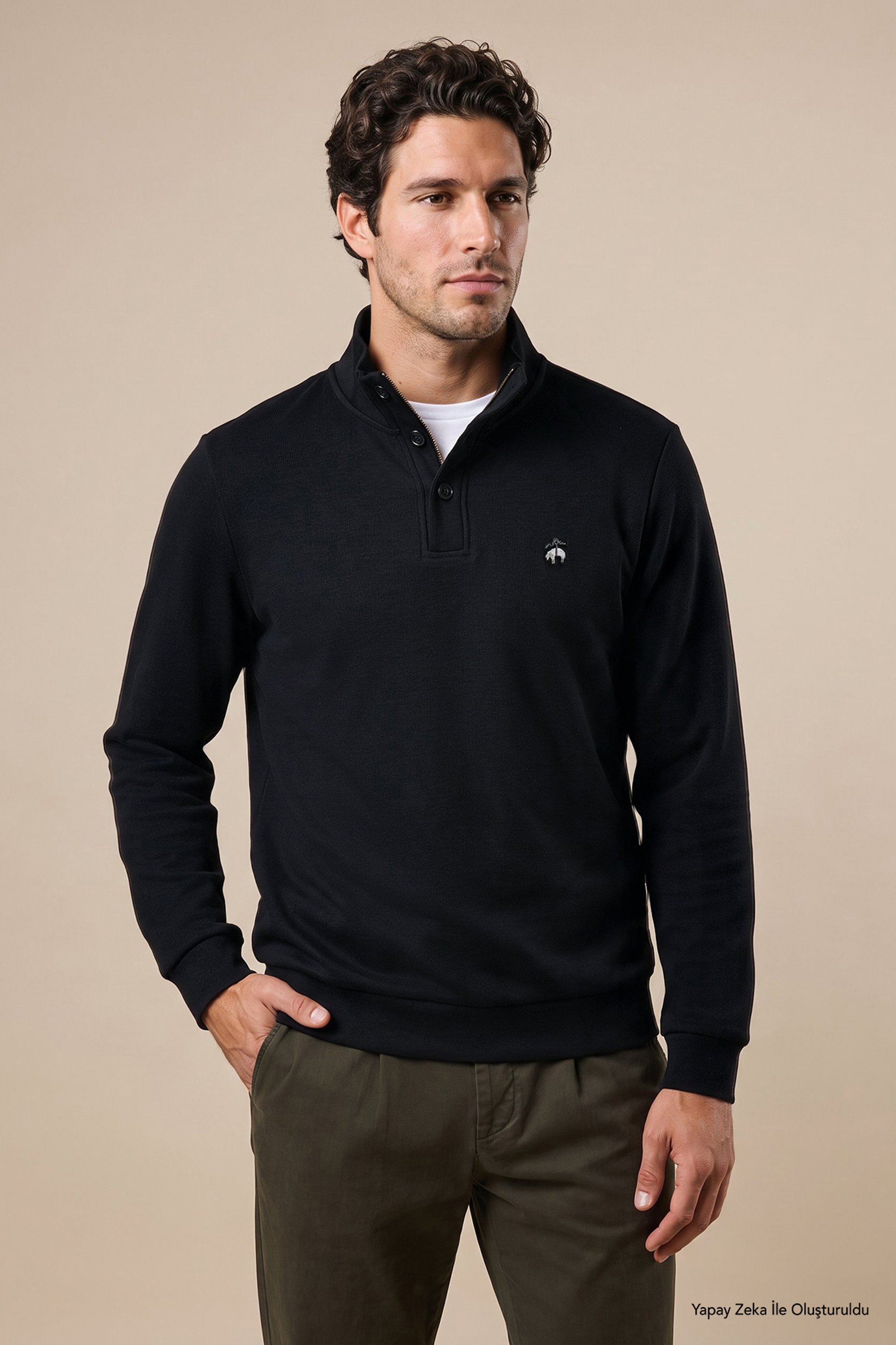 %100 Pamuk Bato Yaka Düğme Detaylı Sweatshirt - Siyah (görsel 4)