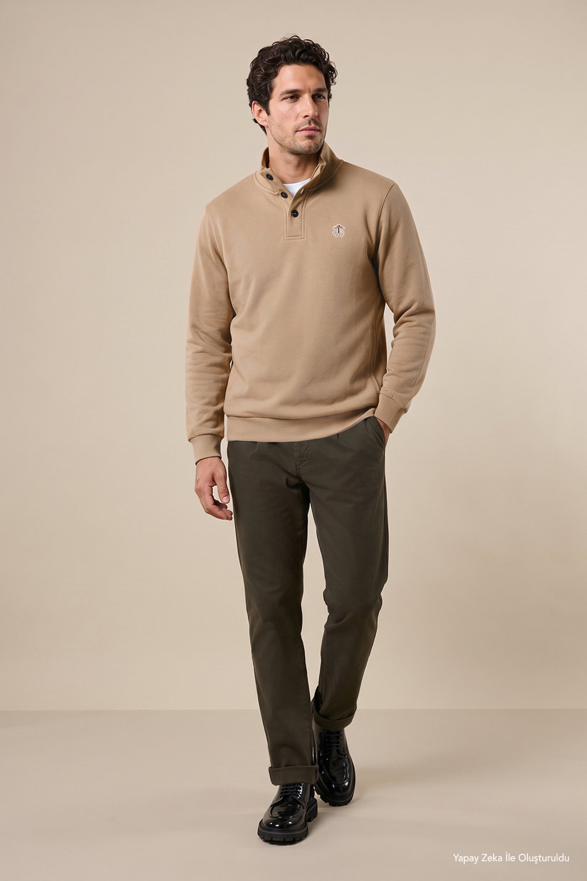 %100 Pamuk Bato Yaka Düğme Detaylı Sweatshirt - Koyu Bej (görsel 3)