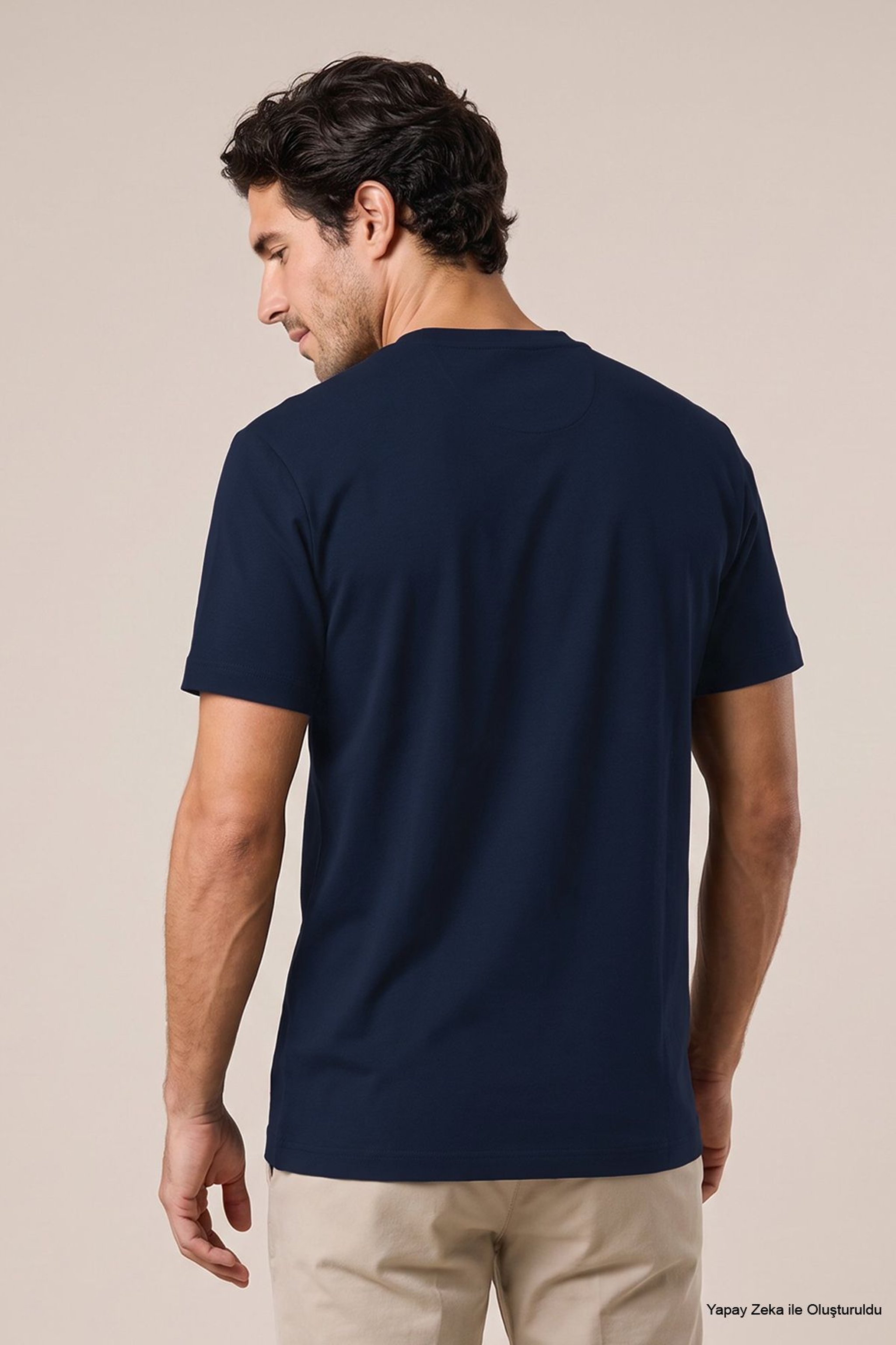 %100 Pamuk Kolu Patch Logo Detaylı Bisiklet Yaka T-Shirt - Lacivert (görsel 5)
