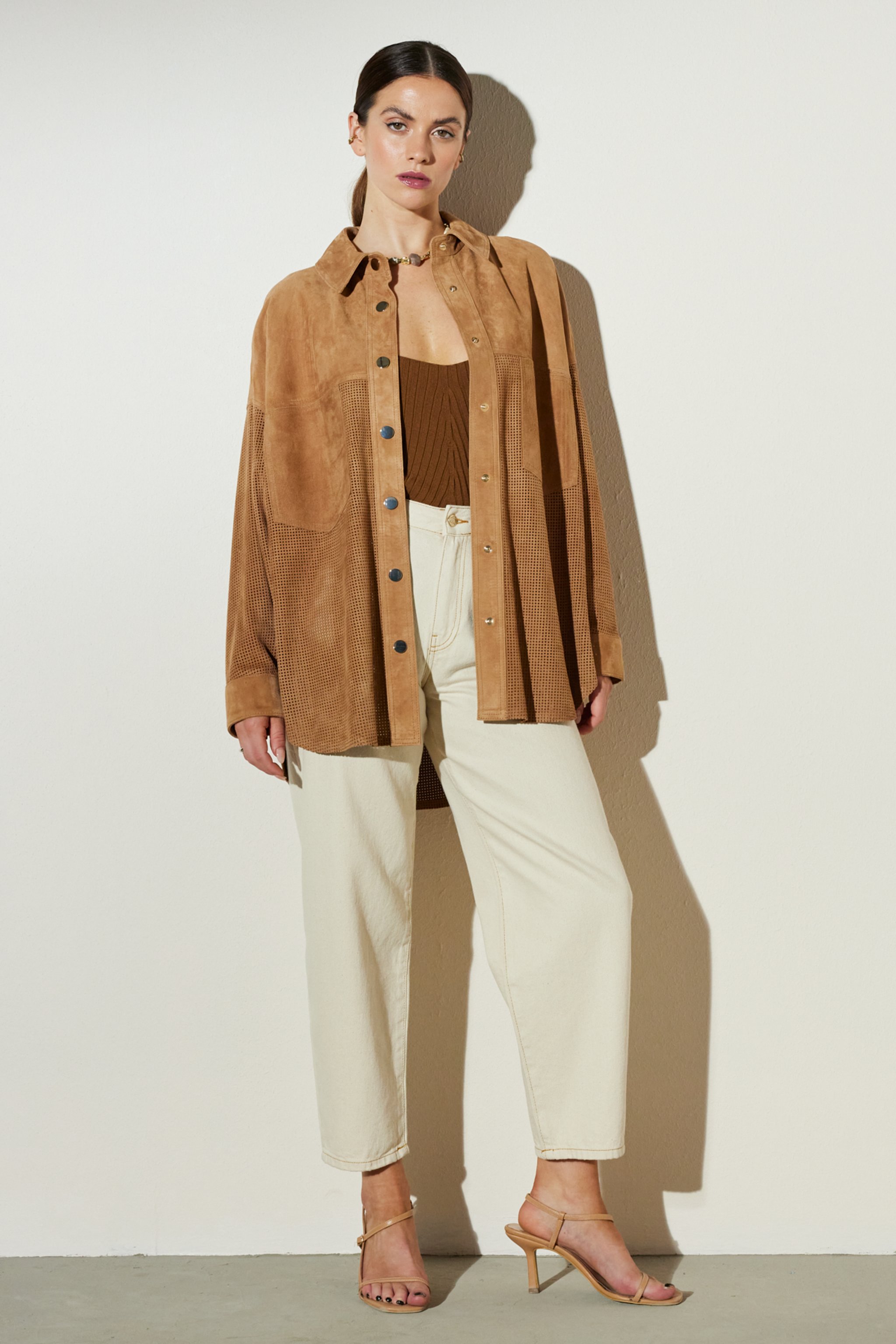 Comfort Fit Rahat Kesim Cepli Süet Gömlek - Camel (görsel 4)