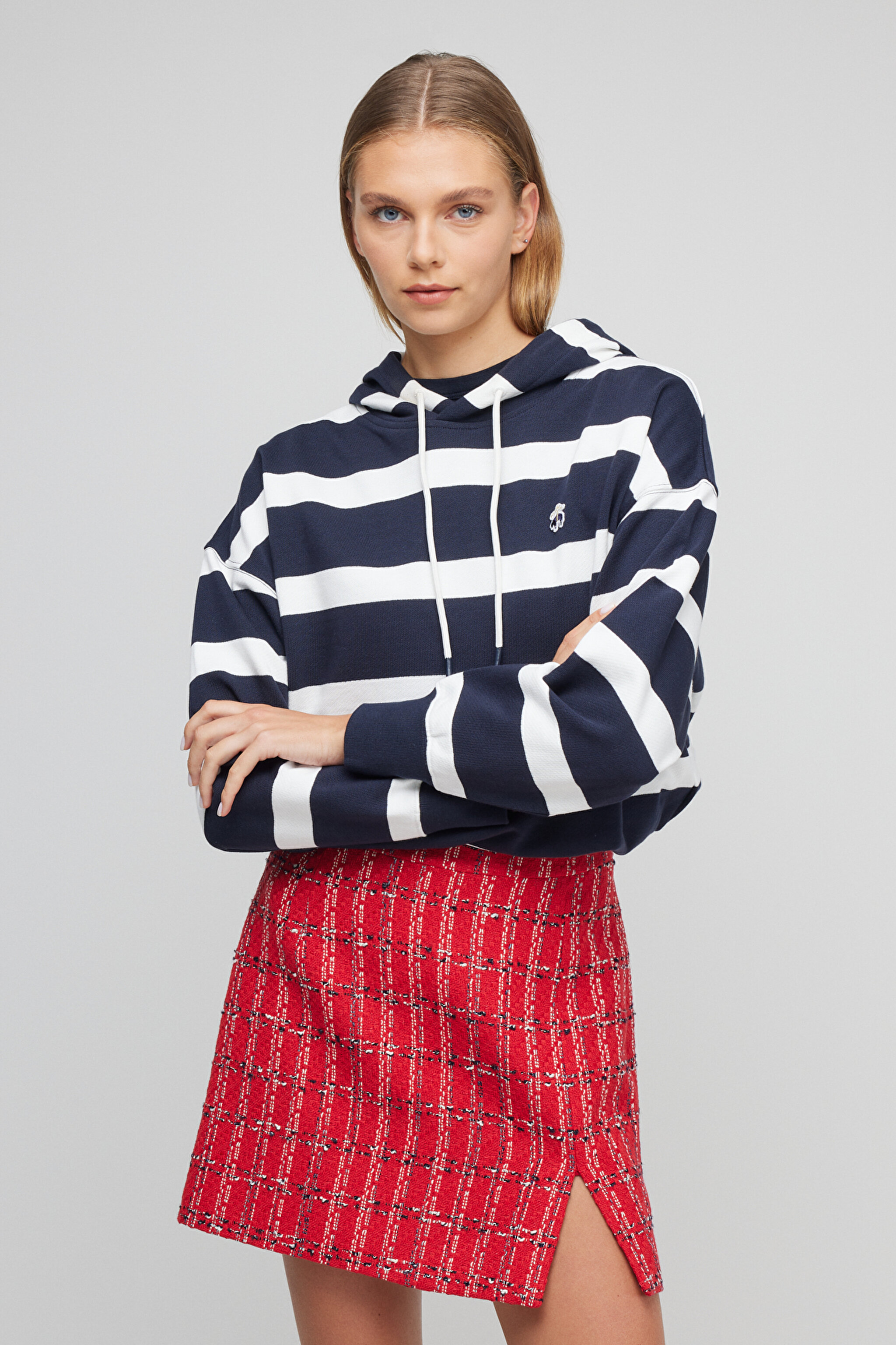 Kapüşonlu Blok Sweatshirt - Lacivert-Beyaz