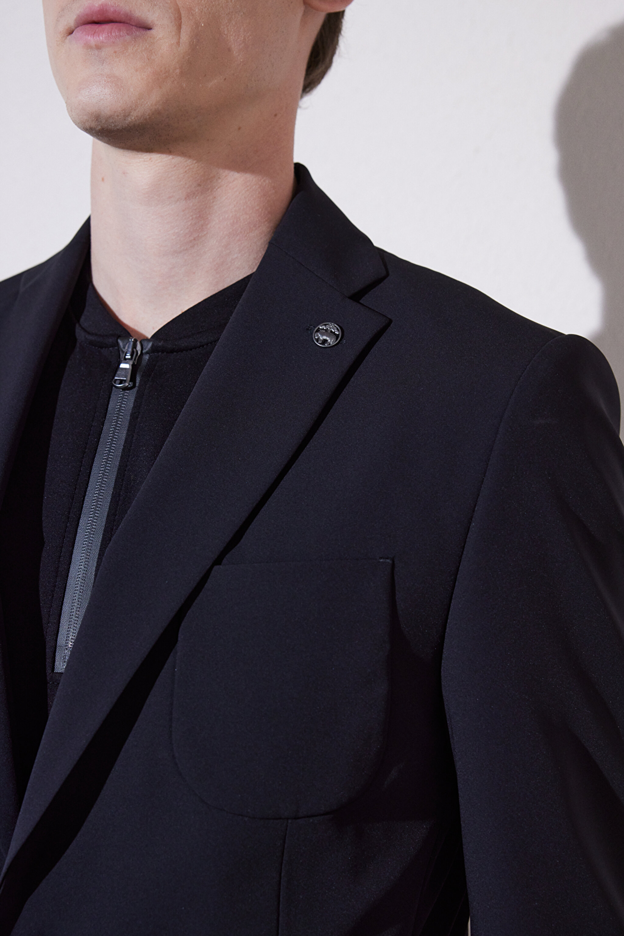 Slim Fit Dar Kesim Mono Yaka Cepli Performans Ceket - Siyah (görsel 5)