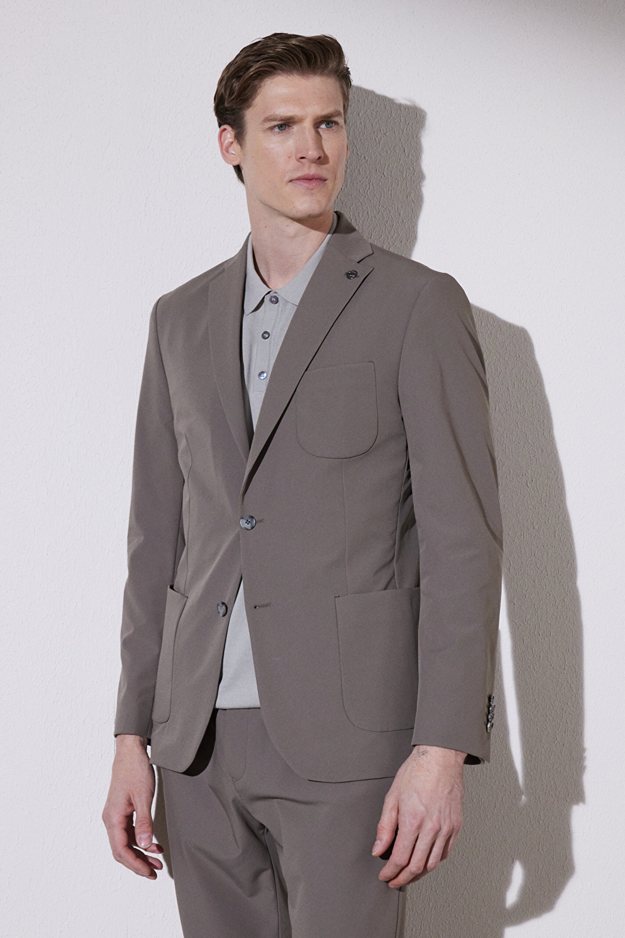 Slim Fit Dar Kesim Mono Yaka Cepli Performans Ceket - Camel (görsel 2)