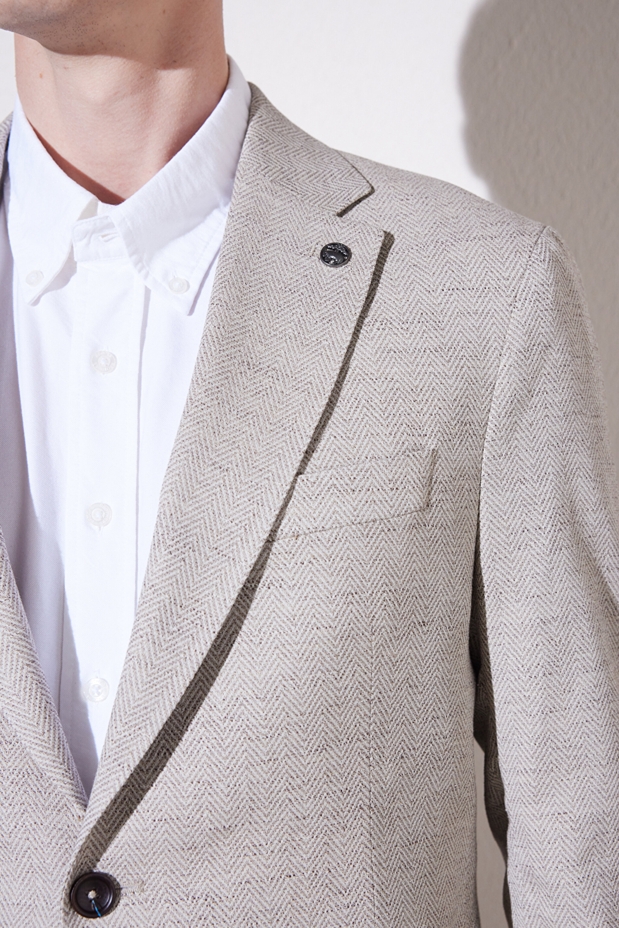Slim Fit Dar Kesim Mono Yaka Cepli Desenli Klasik Ceket - Bej (görsel 6)