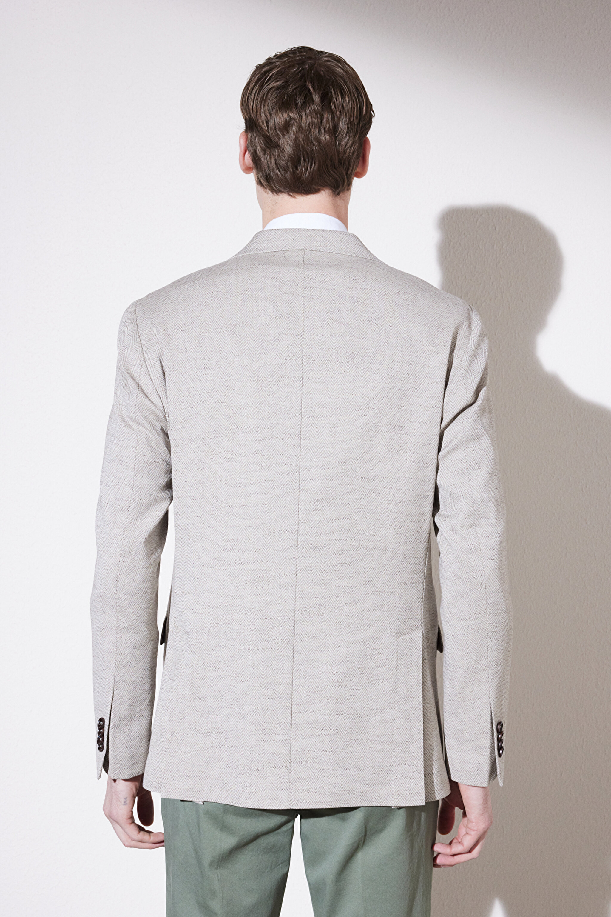 Slim Fit Dar Kesim Mono Yaka Cepli Desenli Klasik Ceket - Bej (görsel 8)
