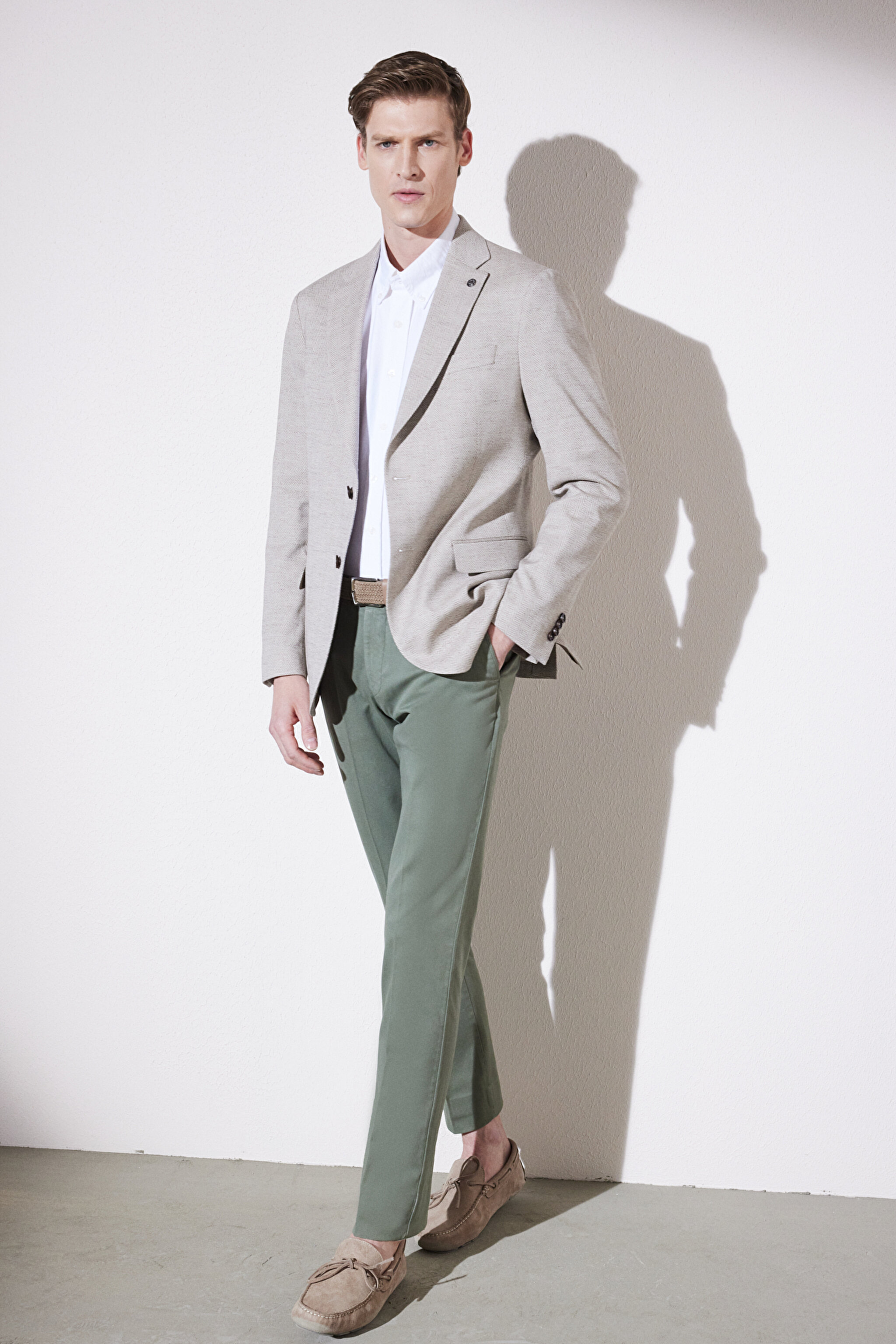 Slim Fit Dar Kesim Mono Yaka Cepli Desenli Klasik Ceket - Bej (görsel 9)