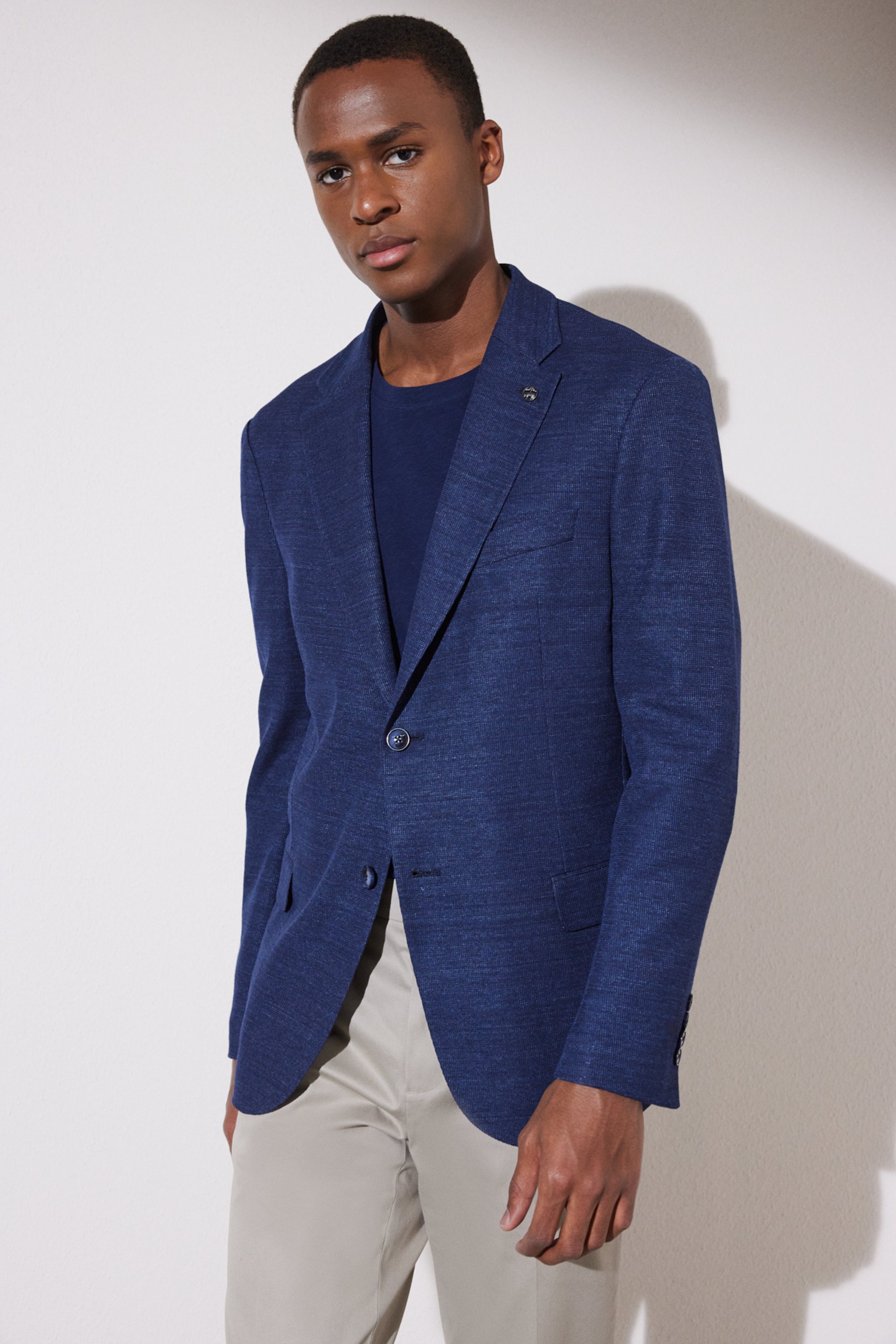 Slim Fit Dar Kesim Mono Yaka Cepli Desenli Klasik Ceket - Lacivert