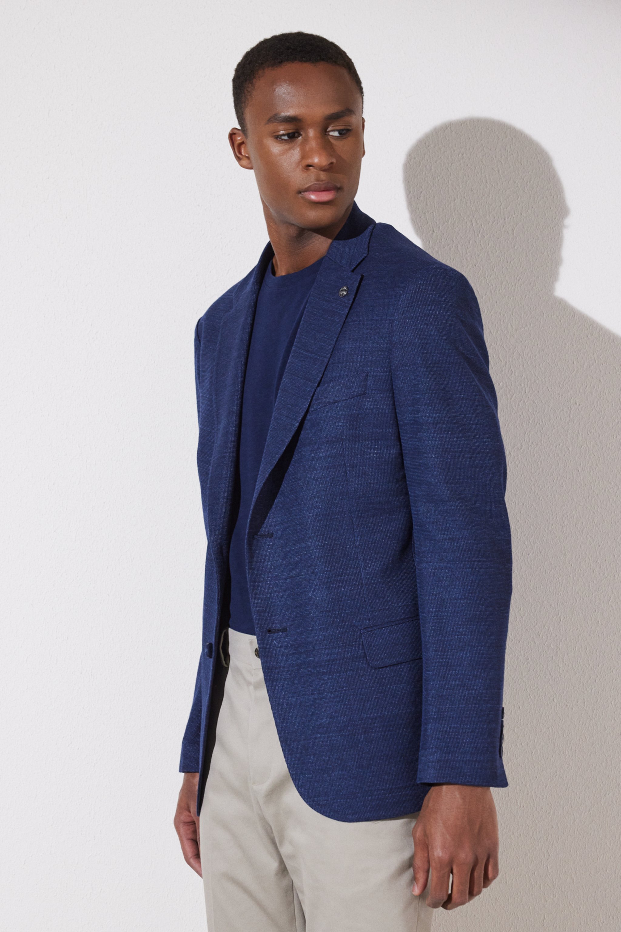 Slim Fit Dar Kesim Mono Yaka Cepli Desenli Klasik Ceket - Lacivert (görsel 2)