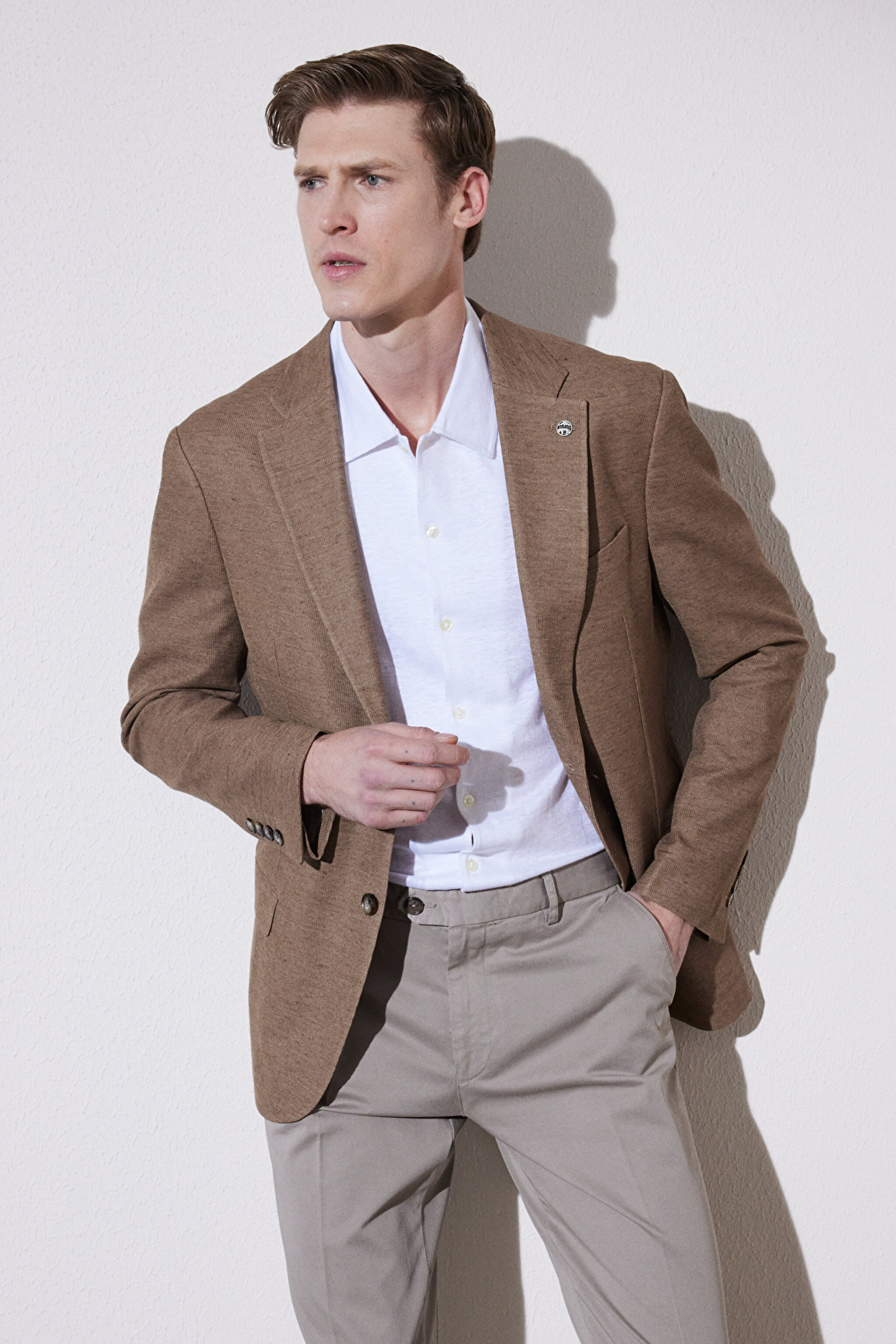 Slim Fit Dar Kesim Mono Yaka Cepli Desenli Klasik Ceket - Bej