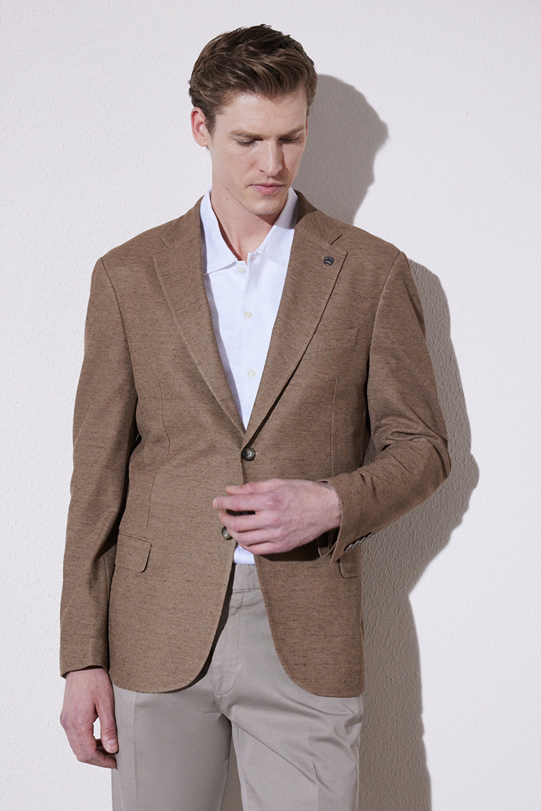 Slim Fit Dar Kesim Mono Yaka Cepli Desenli Klasik Ceket - Bej (görsel 5)