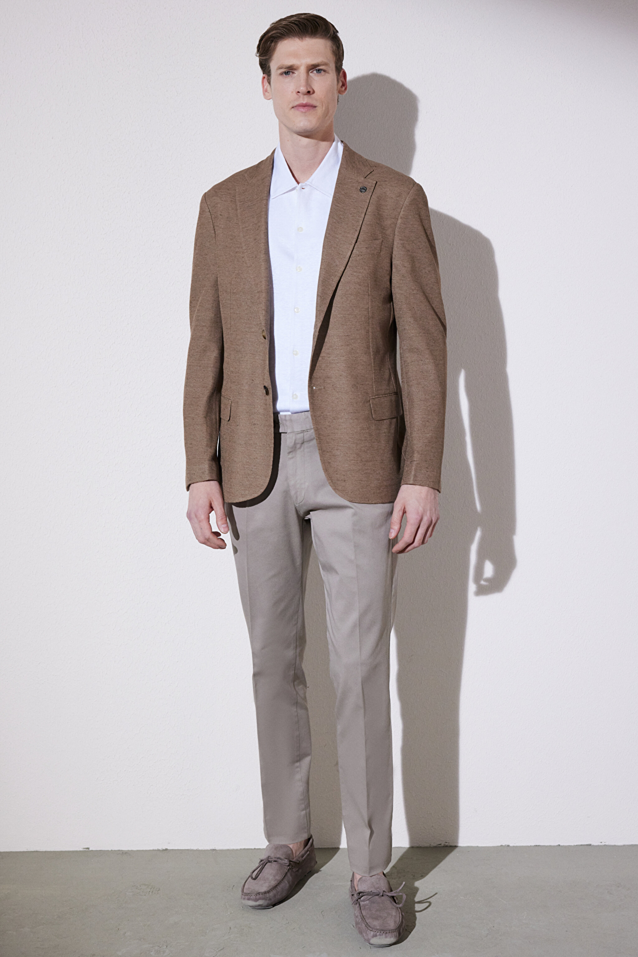 Slim Fit Dar Kesim Mono Yaka Cepli Desenli Klasik Ceket - Bej (görsel 7)