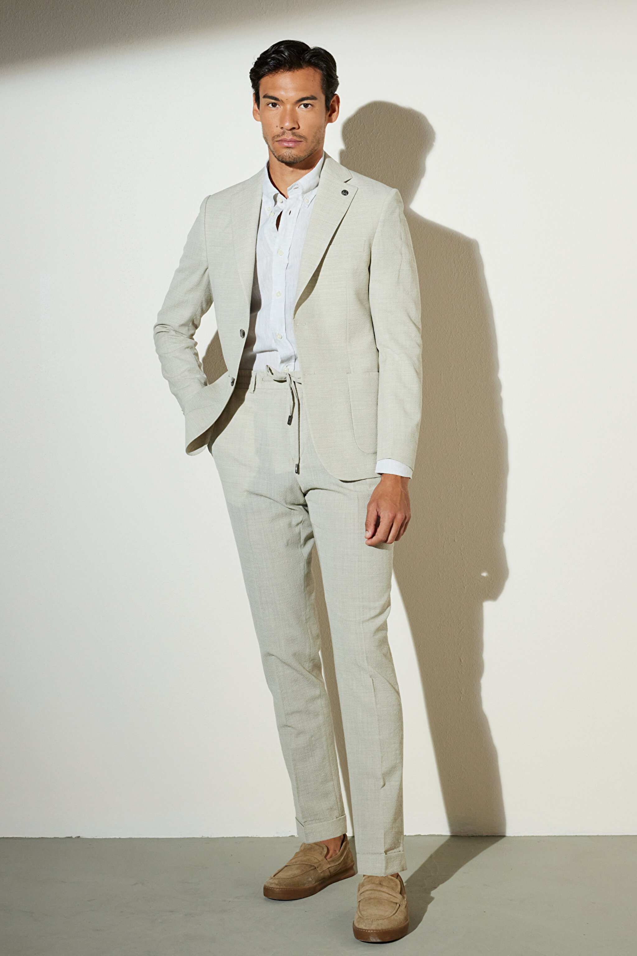 Slim Fit Dar Kesim Mono Yaka Desenli Cepli Klasik Ceket - Bej (görsel 2)