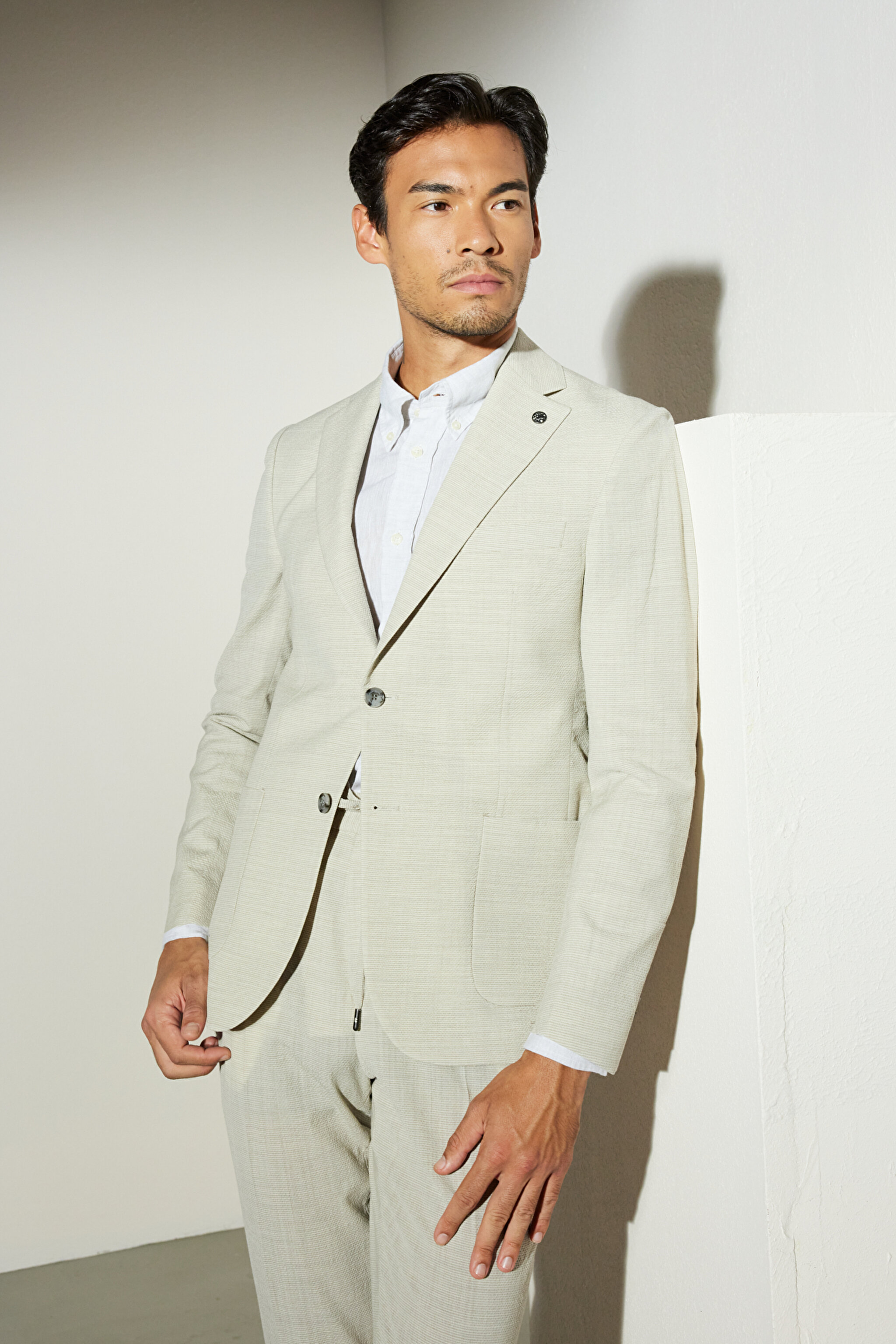 Slim Fit Dar Kesim Mono Yaka Desenli Cepli Klasik Ceket - Bej (görsel 5)
