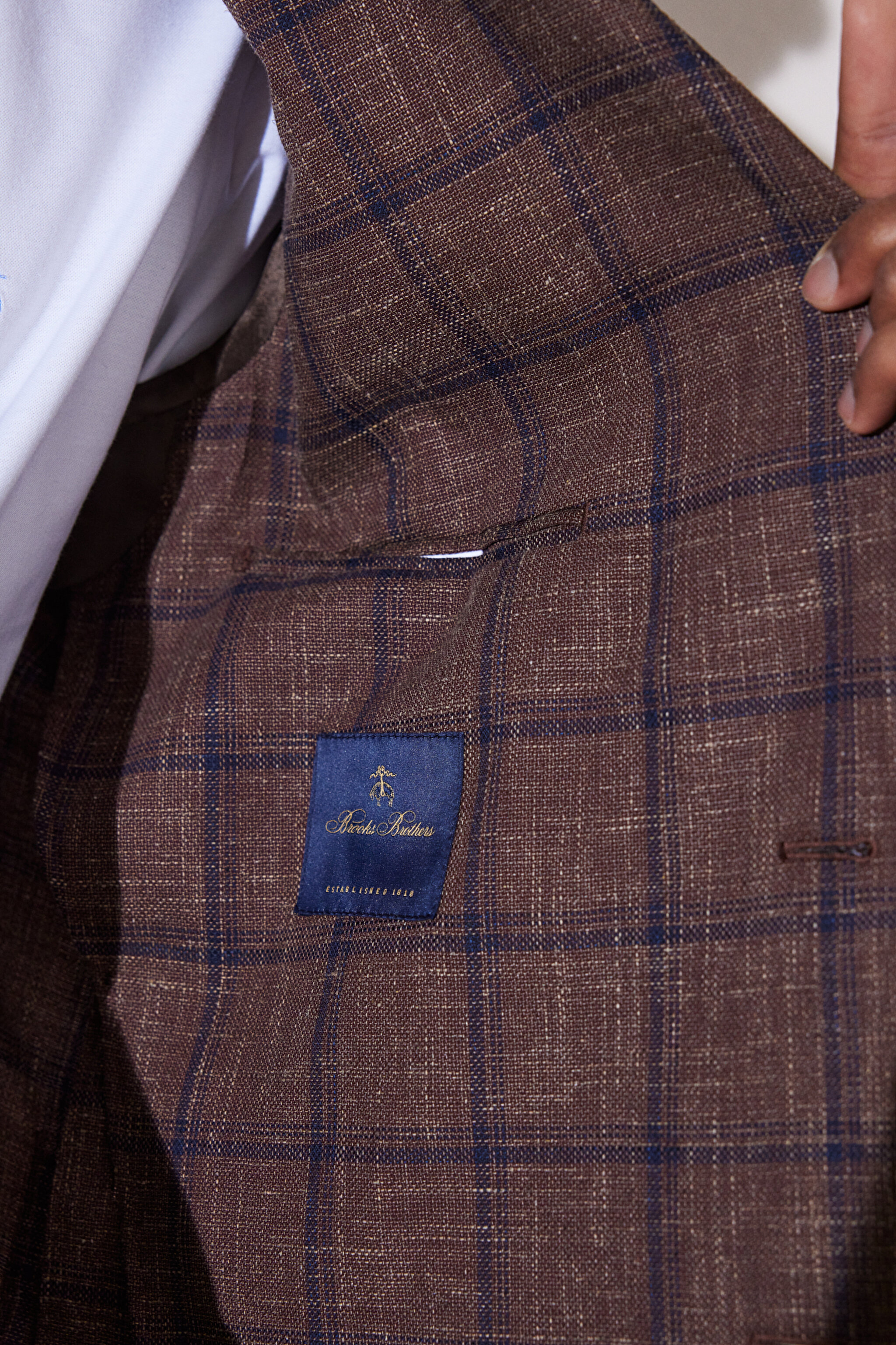 Slim Fit Dar Kesim Sivri Yaka Cepli Desenli Kruvaze Ceket - Kahverengi Kareli (görsel 6)