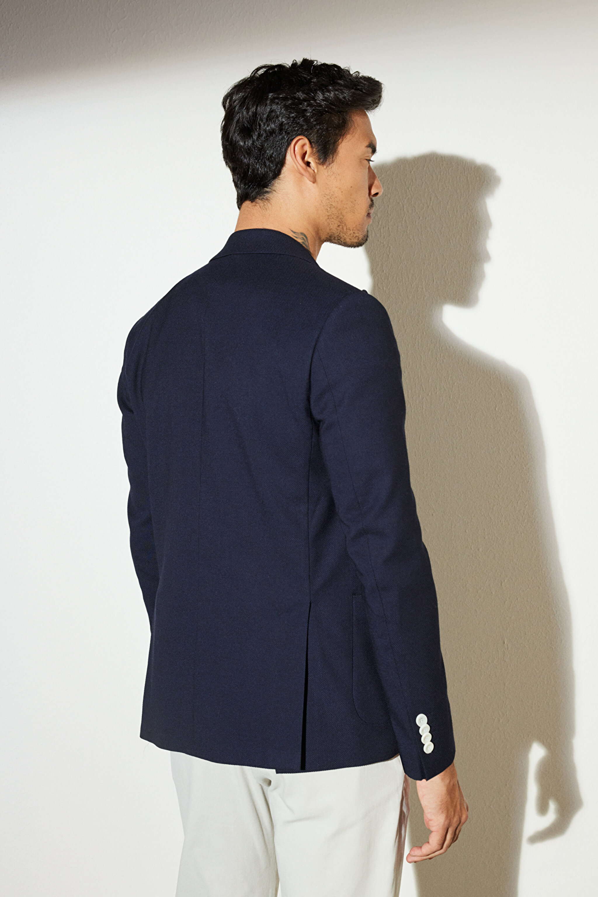 Slim Fit Dar Kesim Sivri Yaka Cepli Kruvaze Ceket - Koyu Lacivert (görsel 10)