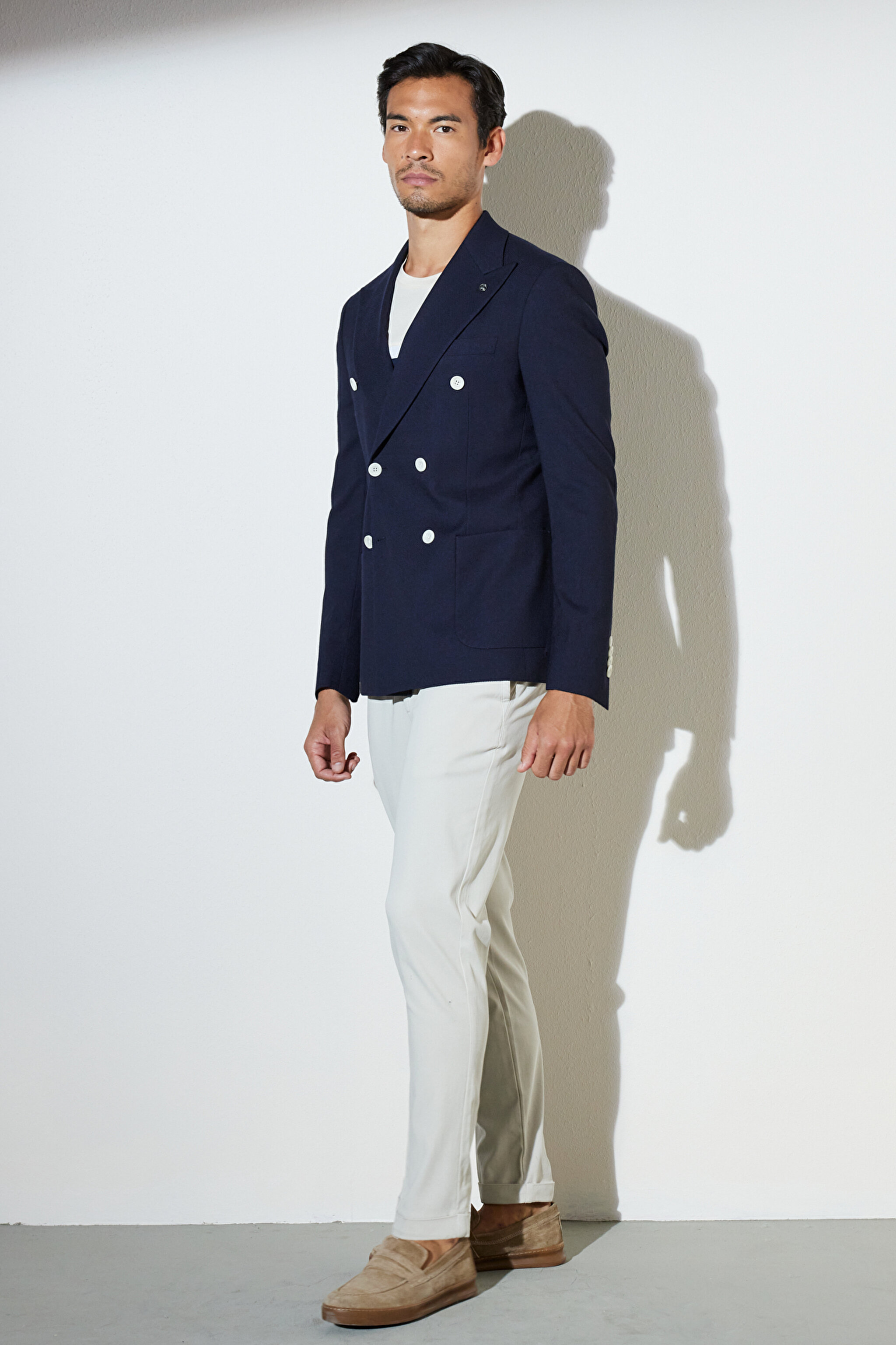 Slim Fit Dar Kesim Sivri Yaka Cepli Kruvaze Ceket - Koyu Lacivert (görsel 6)