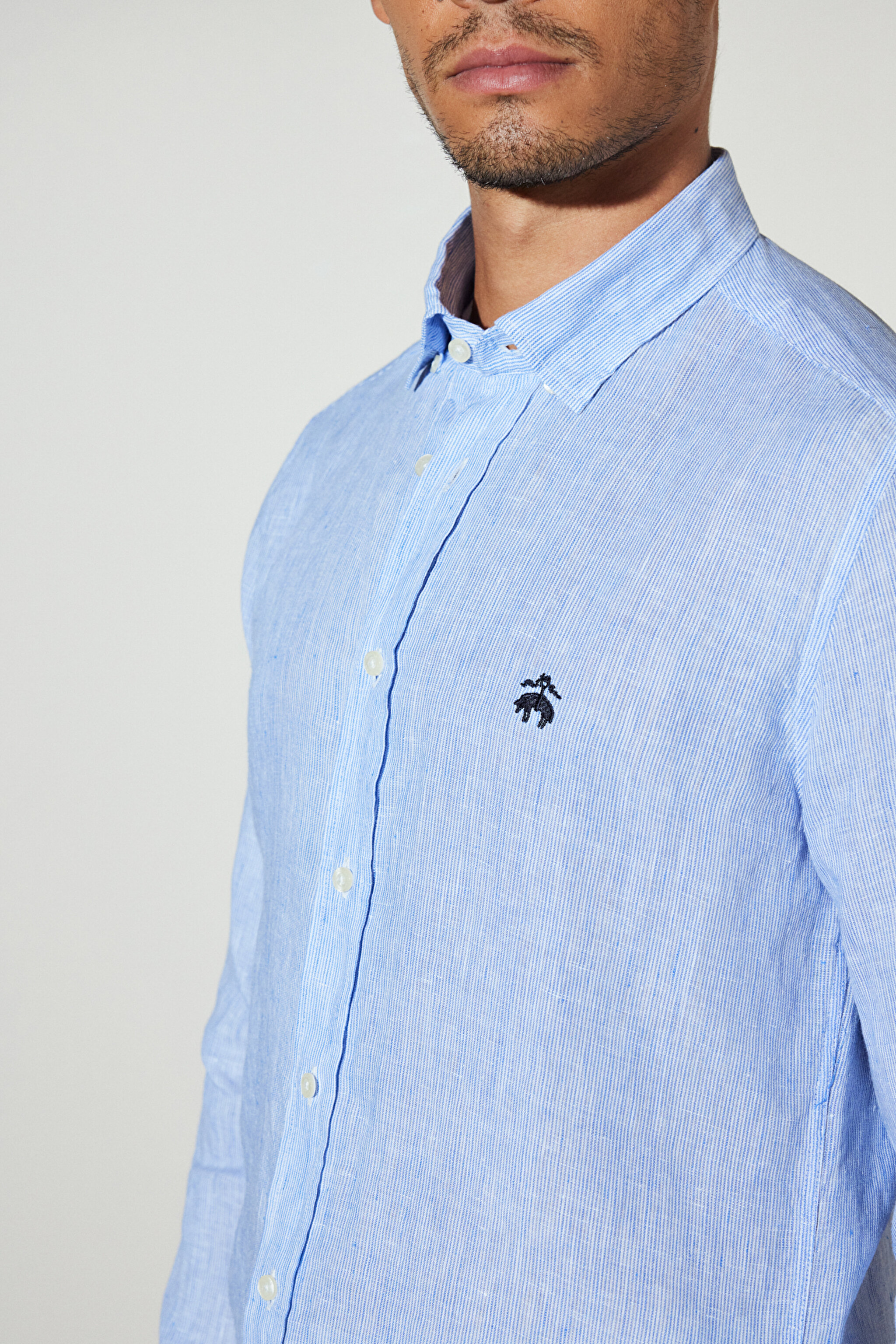 Slim Fit Dar Kesim Desenli Keten Gömlek - Lacivert Çizgili (görsel 5)