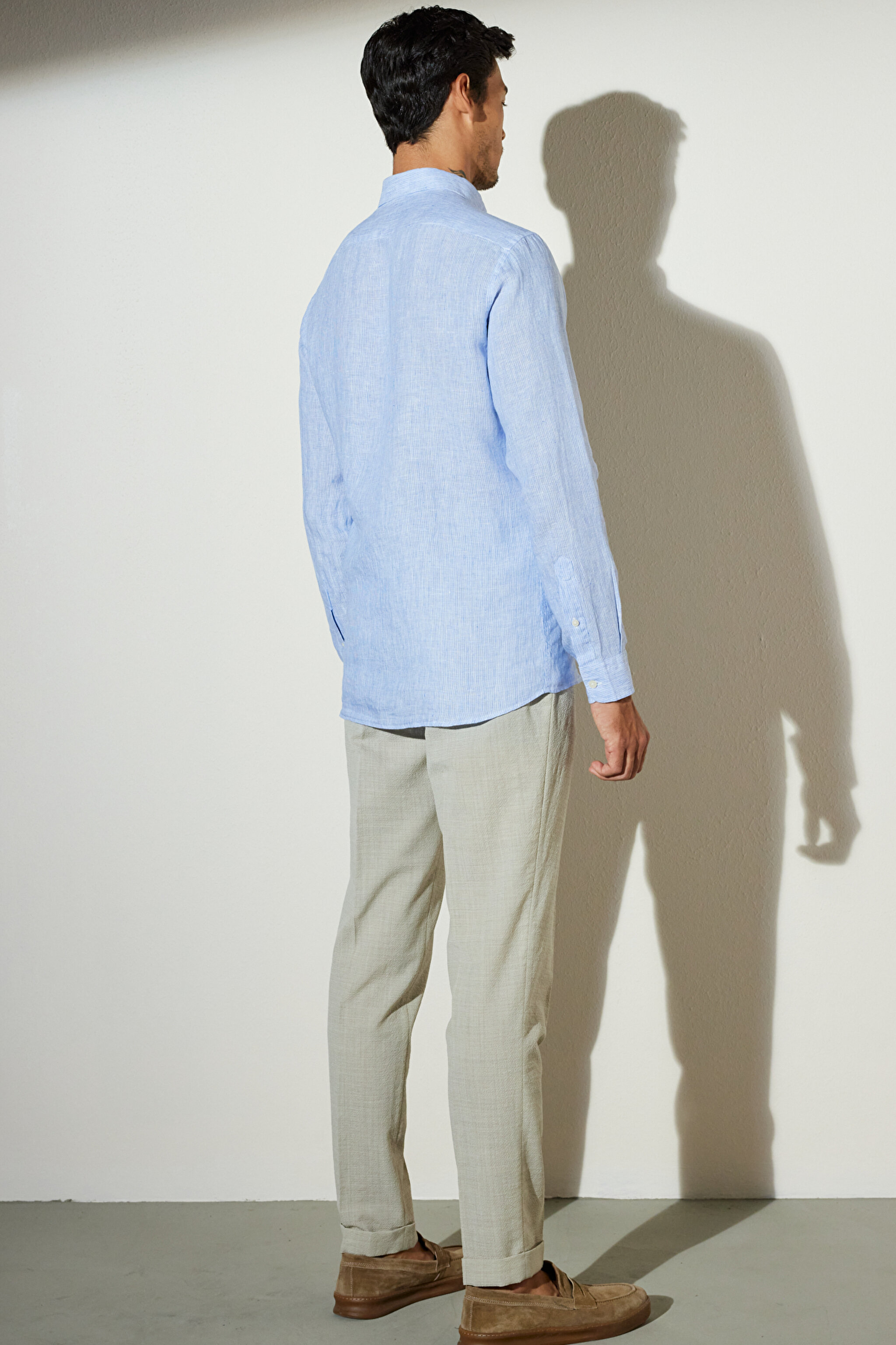 Slim Fit Dar Kesim Desenli Keten Gömlek - Lacivert Çizgili (görsel 6)