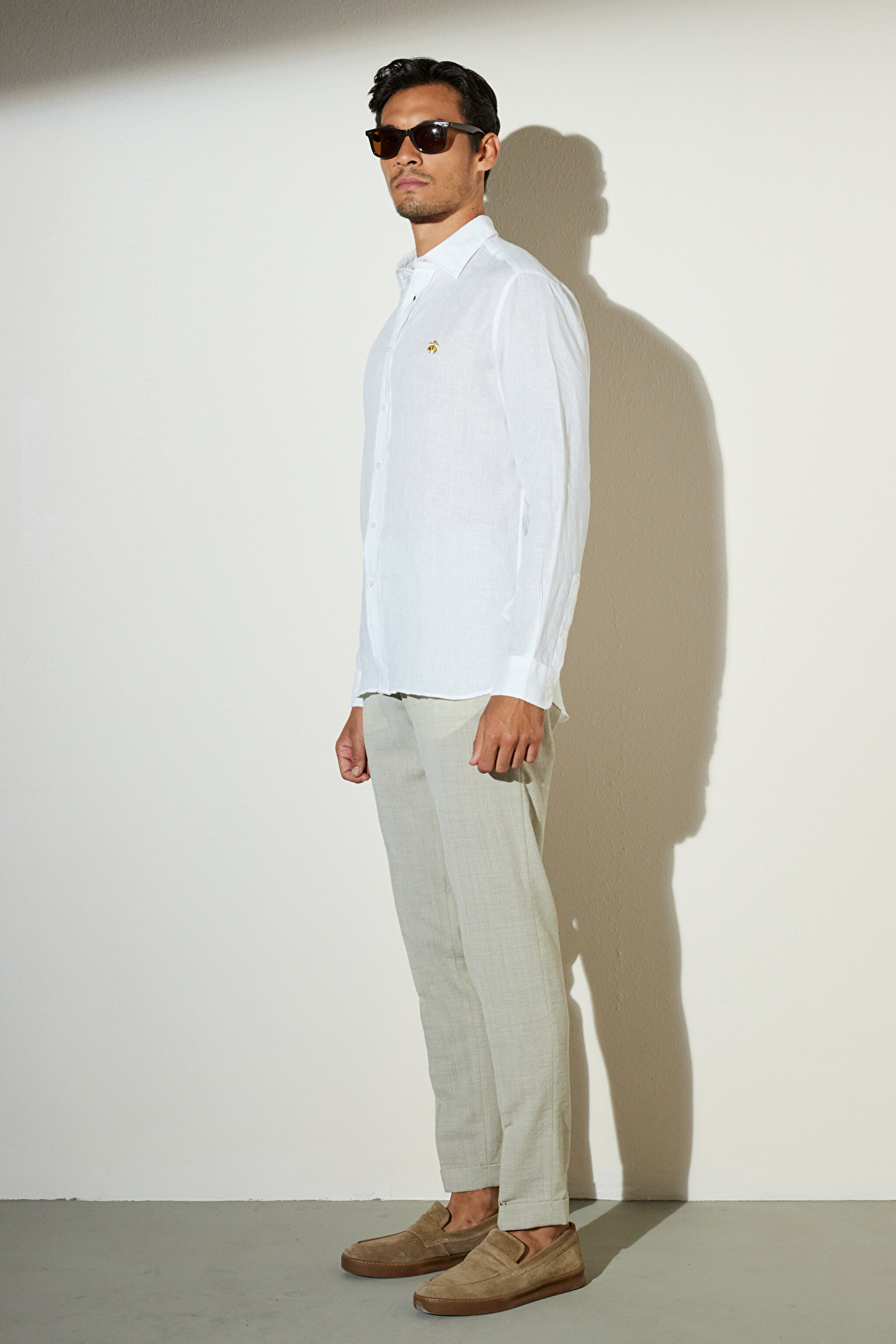 Slim Fit Dar Kesim Klasik Yaka Keten Gömlek - Beyaz (görsel 5)