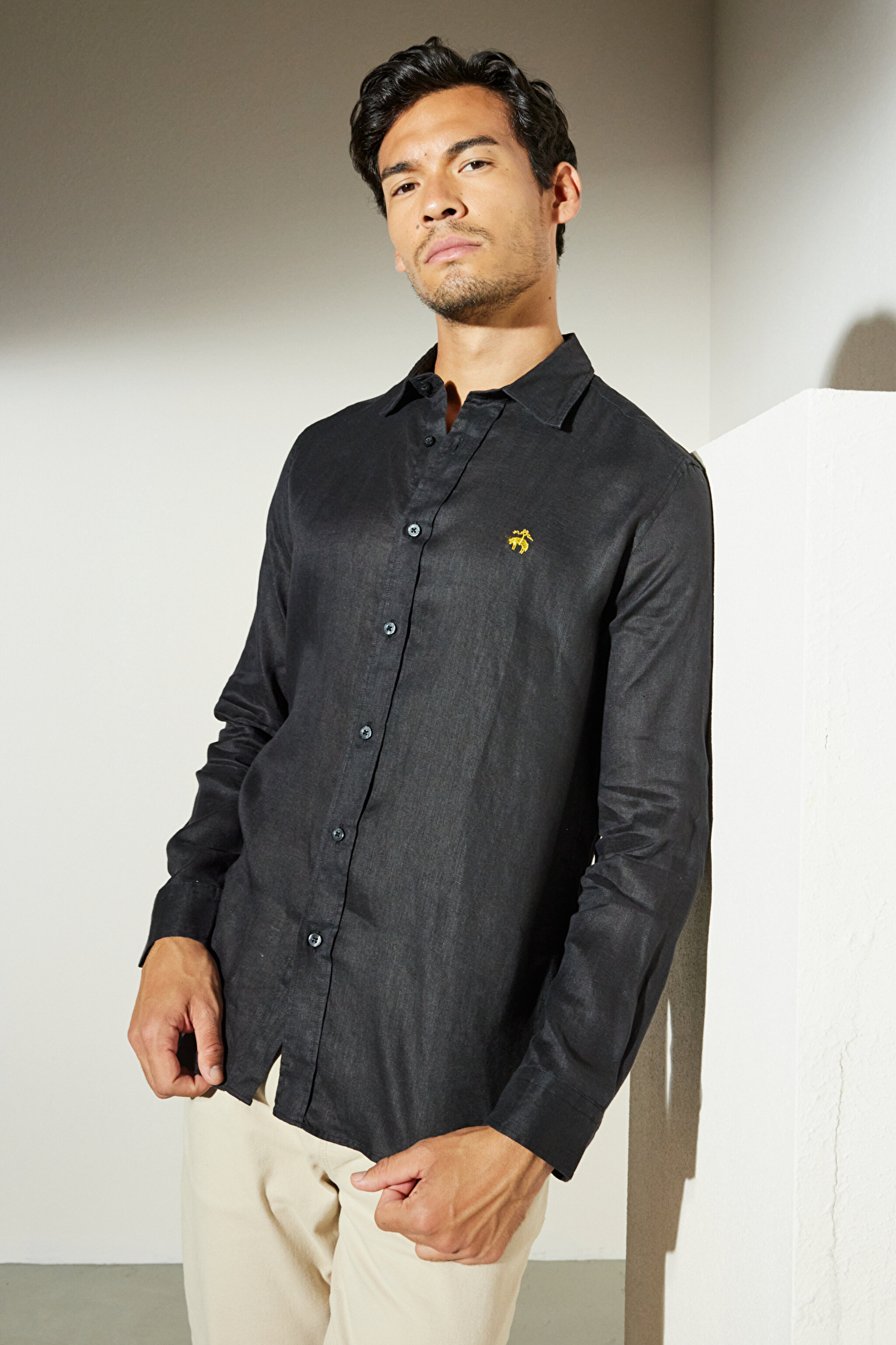Slim Fit Dar Kesim Klasik Yaka Keten Gömlek - Siyah