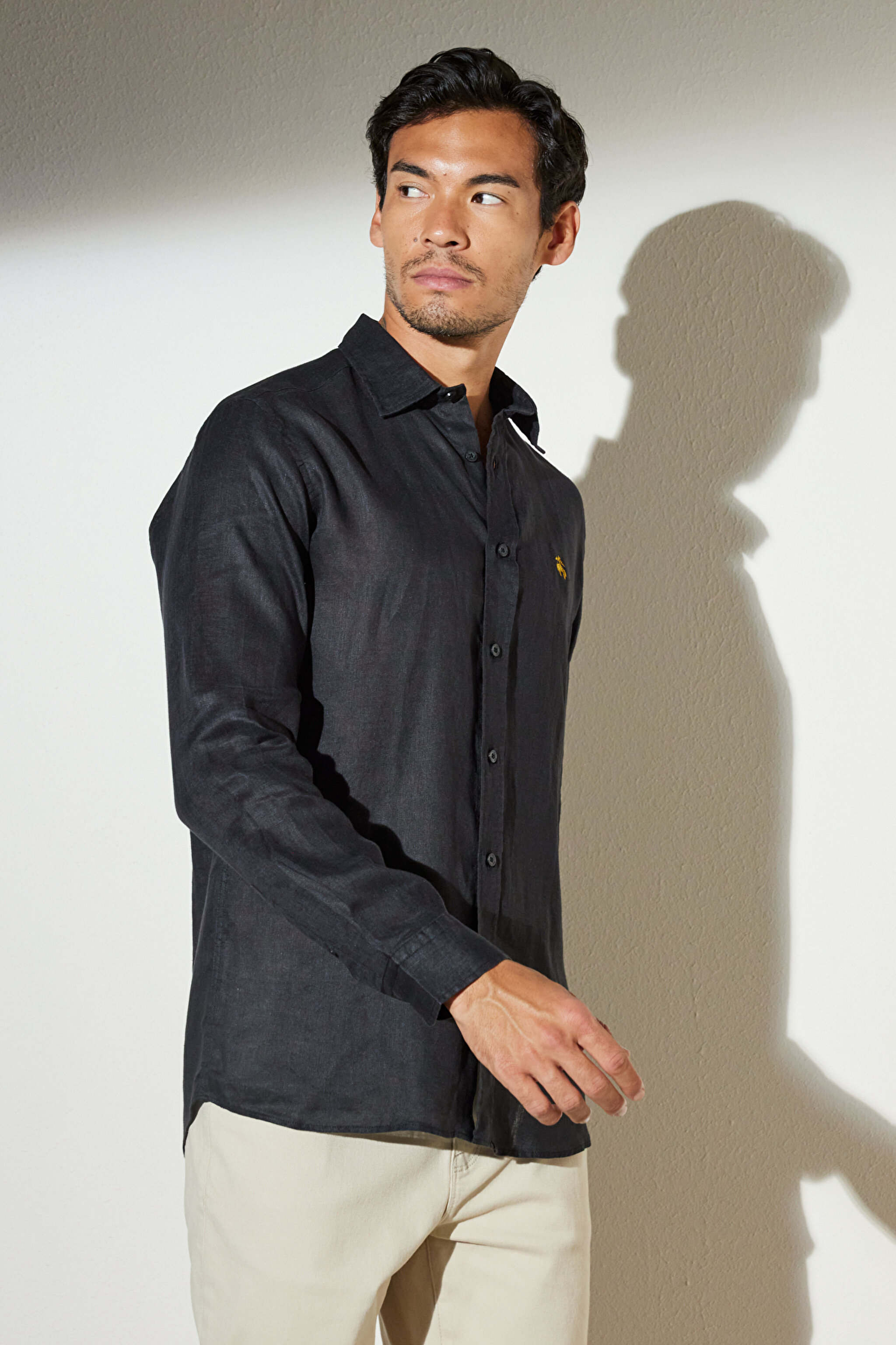 Slim Fit Dar Kesim Klasik Yaka Keten Gömlek - Siyah (görsel 5)
