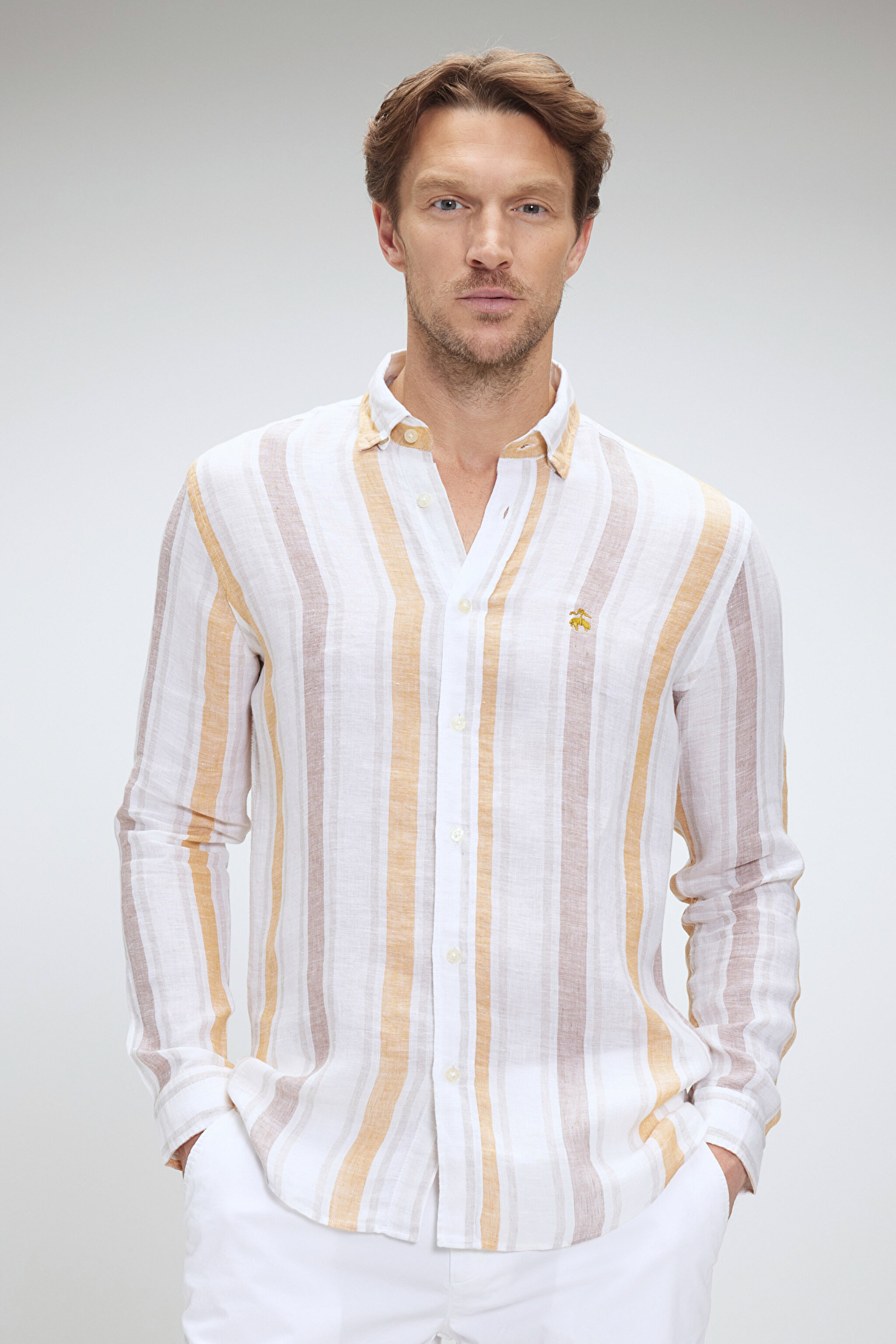 Slim Fit Dar Kesim Desenli Keten Gömlek - Sarı-Bej