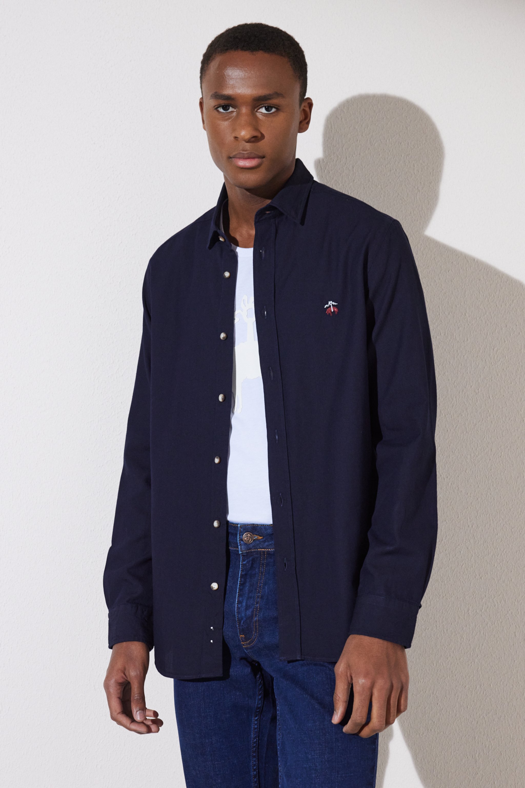 Slim Fit Dar Kesim Klasik Yaka Denim Gömlek - Lacivert