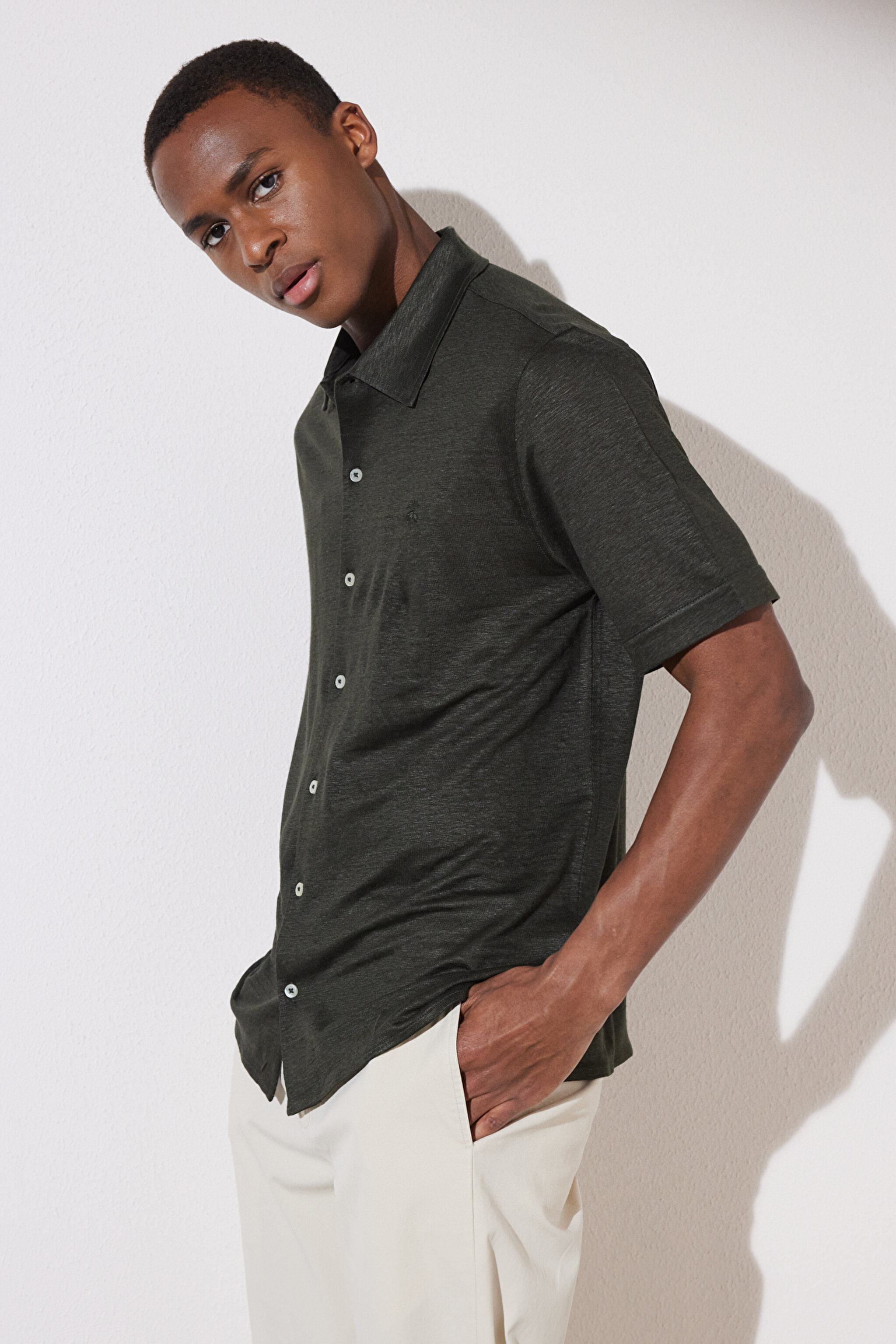 Keten Kısa Kollu Gömlek - Haki (görsel 3)